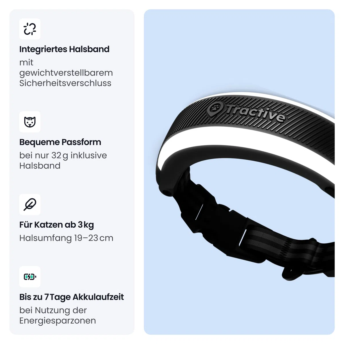 Tractive Smarter Katzen GPS Tracker Mini | Modell 2026 | Marktführer | Live-Ortung | Gesundheitswarnungen & Vitalwerte | Sicherheitsverschluss | Integriertes Halsband (Schwarz)