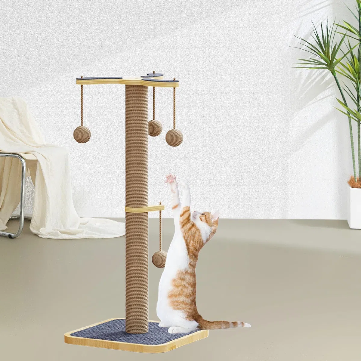predolo Kratzbaum Katzen Kratzsäule Sisal Kletterbaum Kratzspielzeug mit Interaktivem Ball Zum Spielen Und Klettern aus Holz Und Filz für Hauskatzen