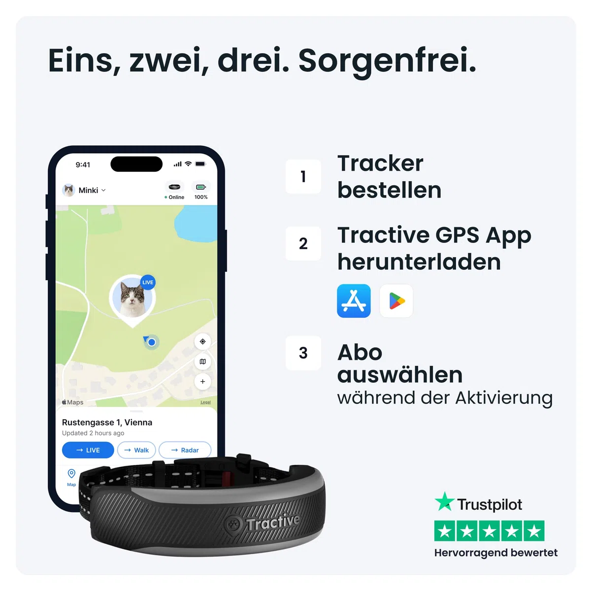 Tractive Smarter Katzen GPS Tracker Mini | Modell 2026 | Marktführer | Live-Ortung | Gesundheitswarnungen & Vitalwerte | Sicherheitsverschluss | Integriertes Halsband (Schwarz)
