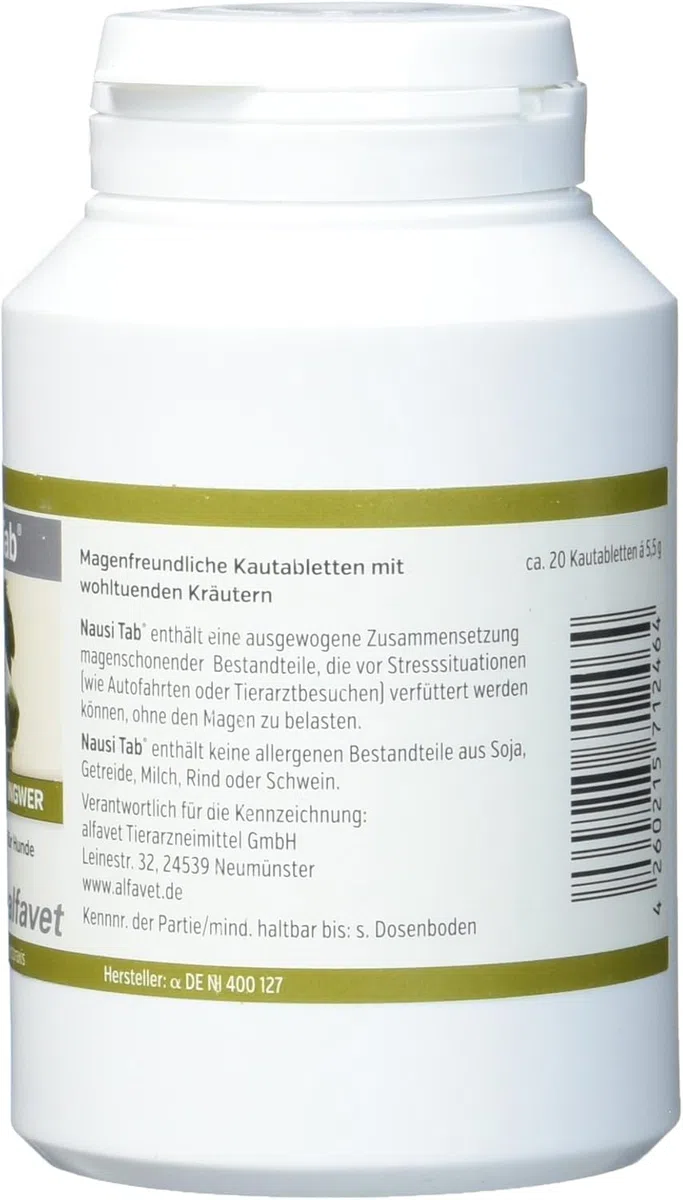 Alfavet Nausi Tab schont den Magen in Stresssituation, Kautablette mit Ingwer für Hunde, Ergänzungsfuttermittel, 110g Dose mit ca. 20 Snacks