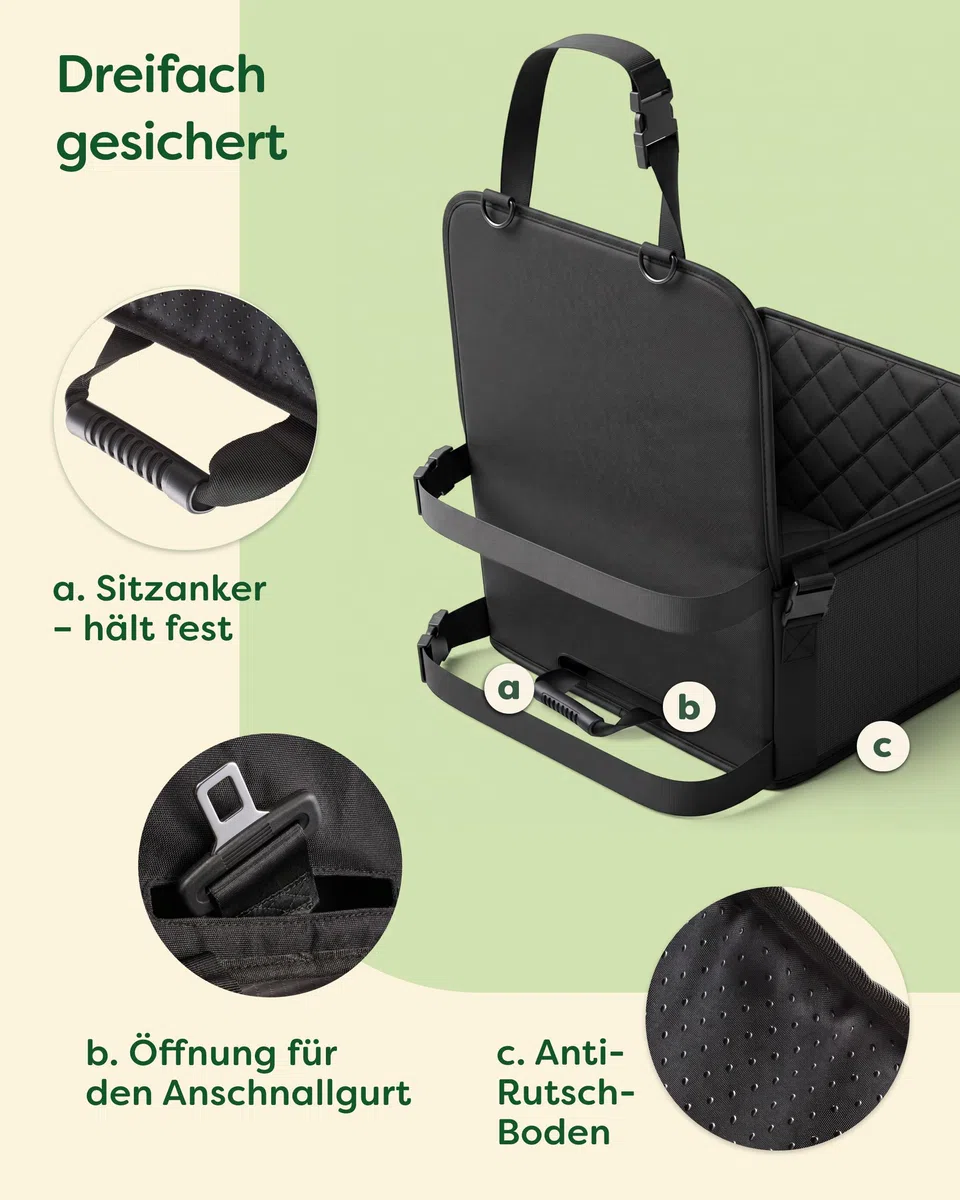 Knupis Extra Stabiler Hunde Autositz für Kleine Hunde - Wasserabweisend & Kratzfest mit 5 Taschen – 4 Befestigungsgurte & Befestigbare Leine – Verstärkte Wände mit Rutschfester Unterseite – Waschbar