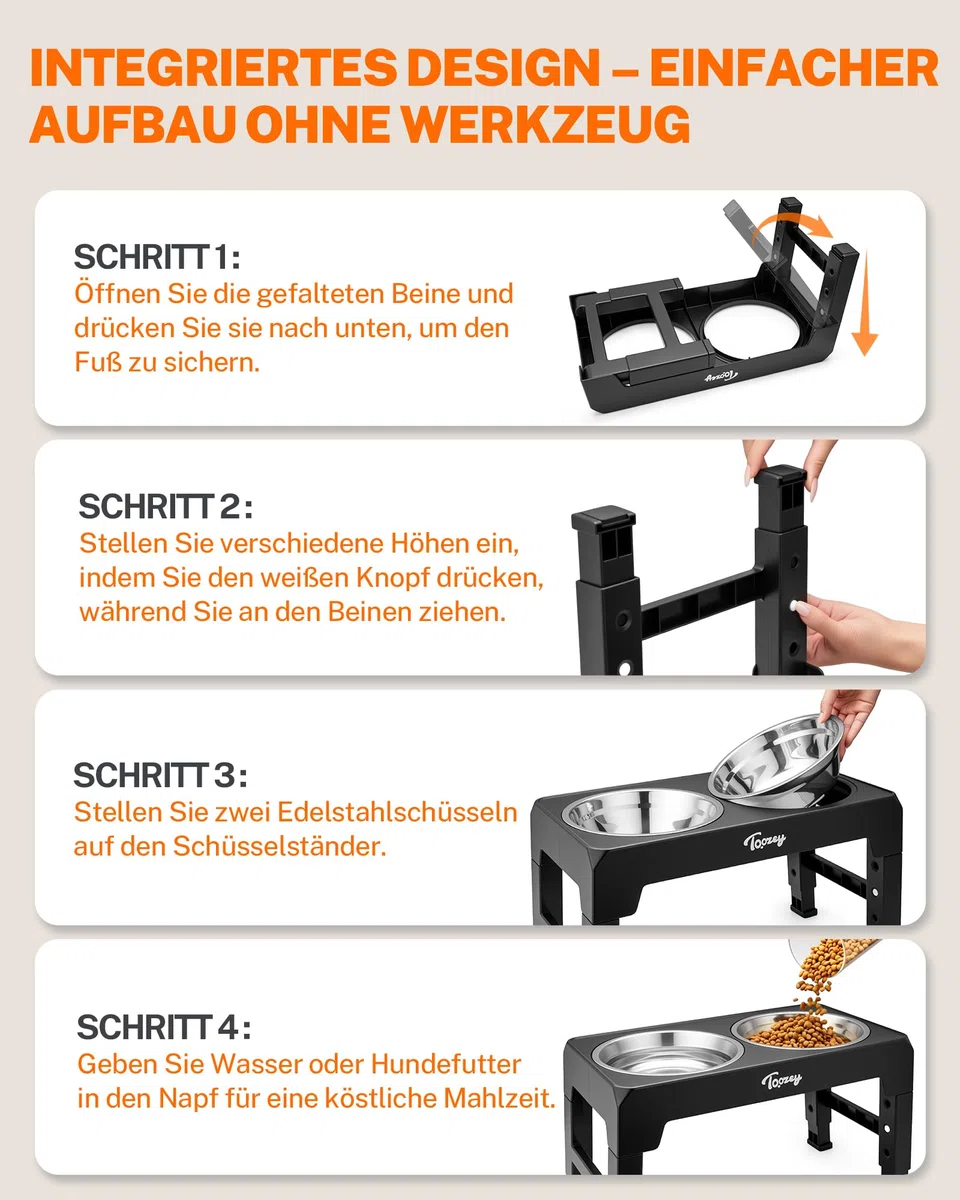 Toozey Hundenapf, Futternapf für Hunde, Höhenverstellbar, mit 2 Edelstahl-Schüsseln von 1200 ml, Hundenapf Erhöht für Mittelgroße und Große Hunde, 4 Höhenverstellbare Fütterung, Schwarz