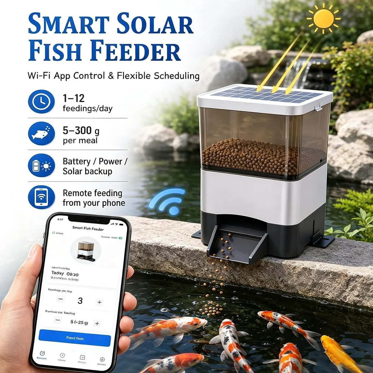Wetterfester Solarbetriebener Fischfutterautomat Für Teichanlagen