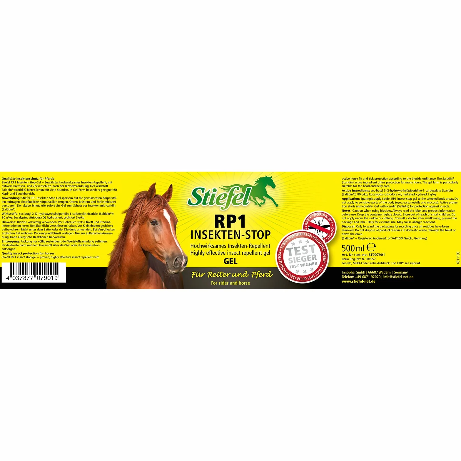 Stiefel RP1 Insekten-Stop Gel für Pferde, 500ml – Sanfter Insektenschutz mit Icaridin, alkoholfrei & hautfreundlich | Perfekt für sensible Haut & Ekzempferde