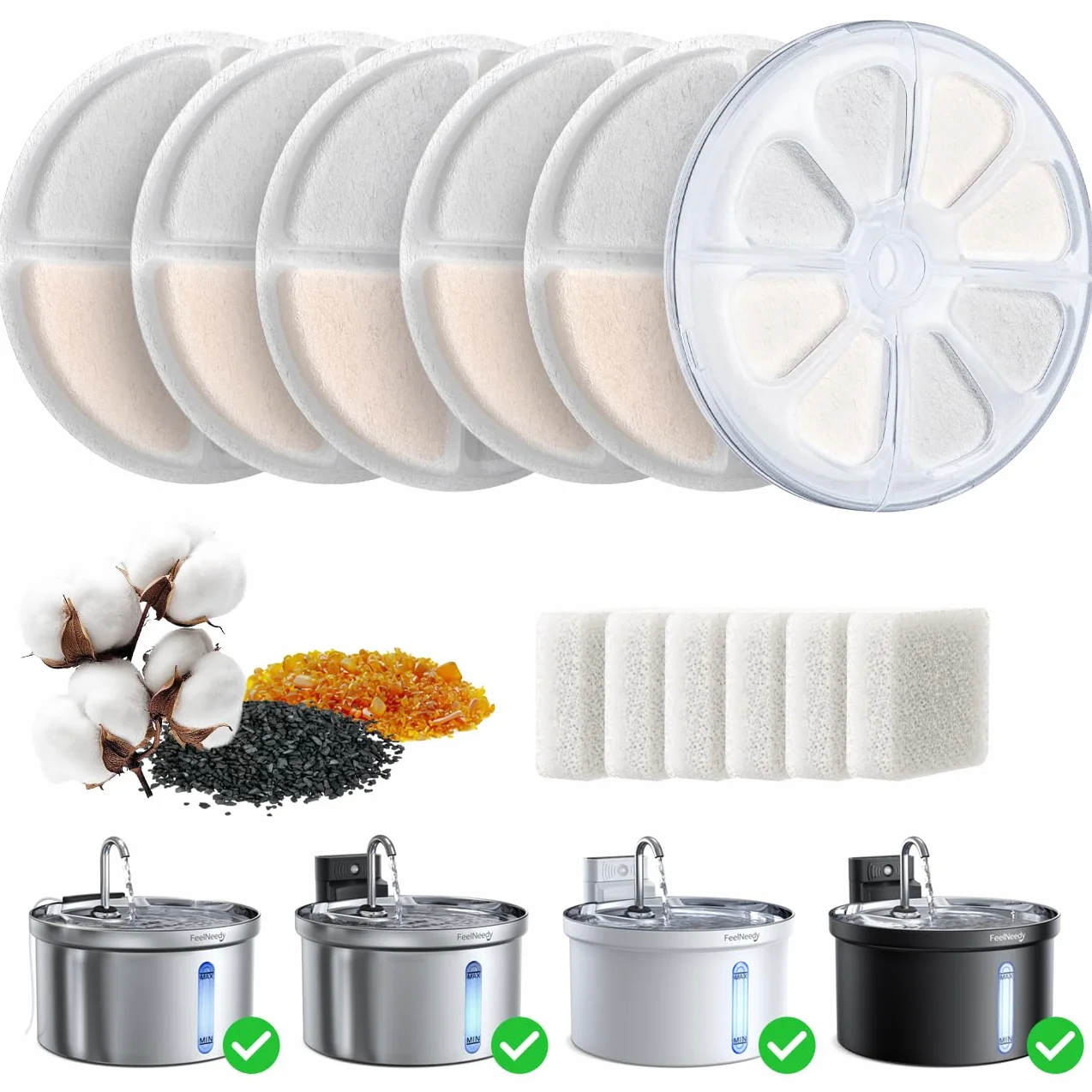 FEELNEEDY 6pcs Ersatzfilter+6pcs Wasserpumpenschwamm für Katzenbrunnen, gesunde und hygienische Filter für Haustier Wasserspender FN-W08/W08L (Ersatzfilter-Aktivkohle)