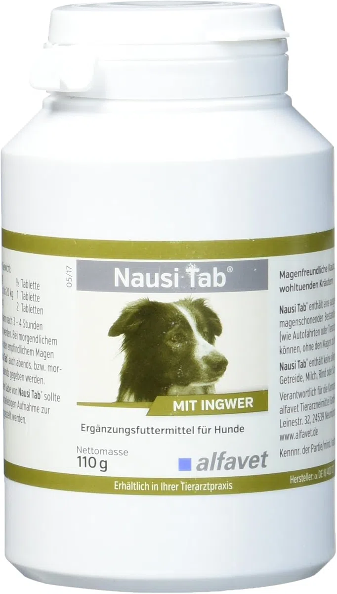 Alfavet Nausi Tab schont den Magen in Stresssituation, Kautablette mit Ingwer für Hunde, Ergänzungsfuttermittel, 110g Dose mit ca. 20 Snacks