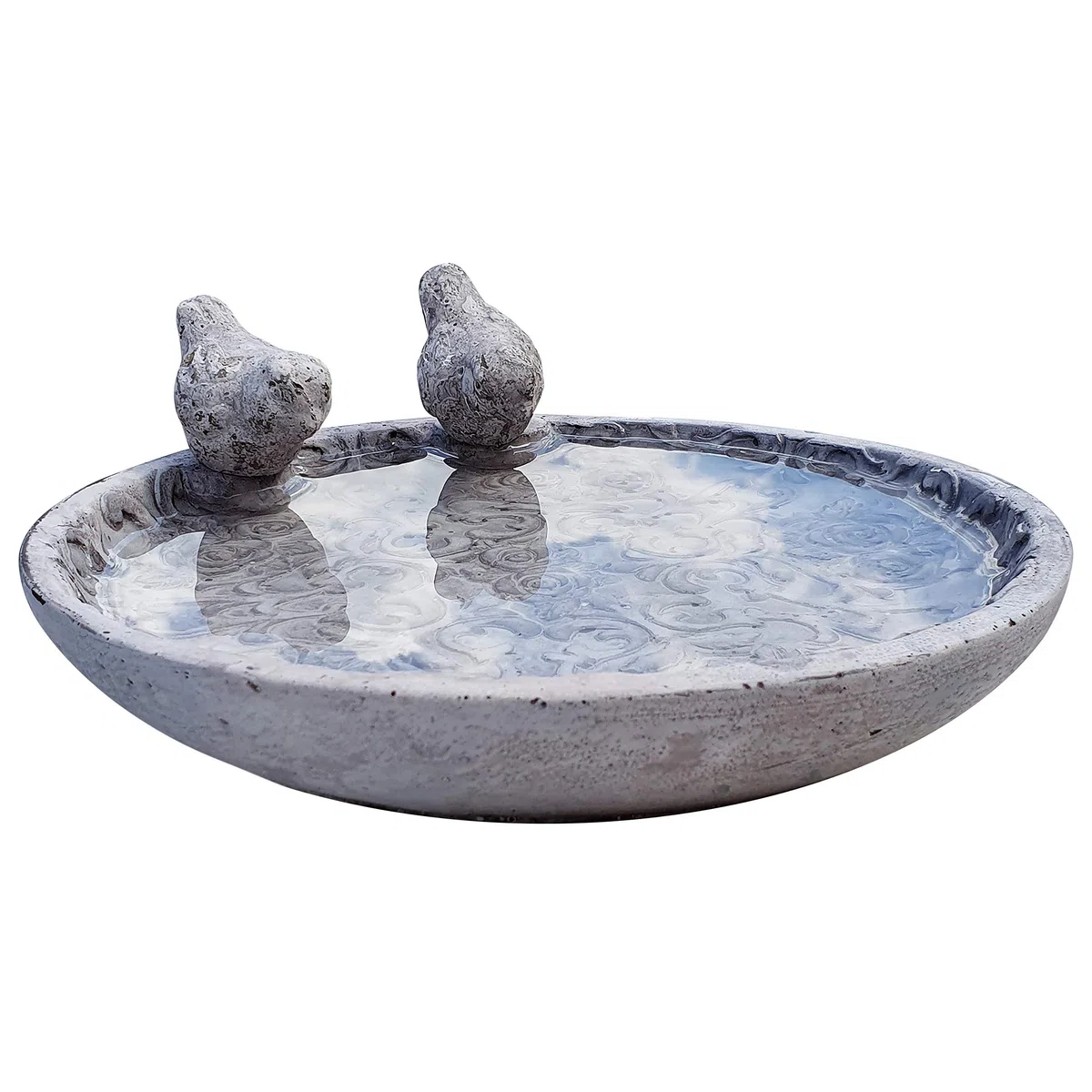 Dio Vogeltränke für den Garten, Vogelbad mit 2 Deko-Vögel für Wildvögel, Naturprodukt mit Rosenornamenten (Ø 24 cm) - Neue, sichere Verpackung - Nicht frostfest