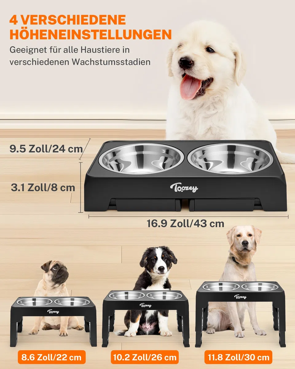 Toozey Hundenapf, Futternapf für Hunde, Höhenverstellbar, mit 2 Edelstahl-Schüsseln von 1200 ml, Hundenapf Erhöht für Mittelgroße und Große Hunde, 4 Höhenverstellbare Fütterung, Schwarz