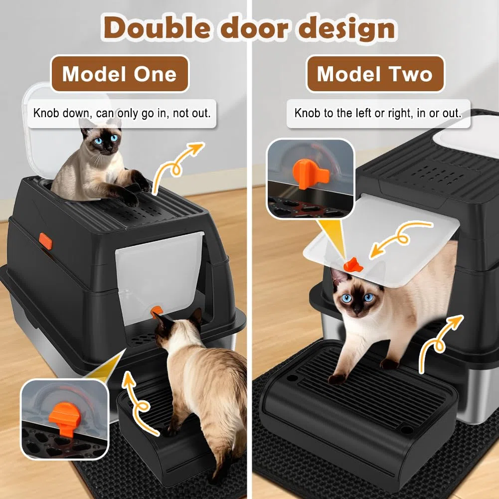 Vivifying XL Katzentoilette aus Edelstahl mit Deckel, Fronteingang, Schwarz