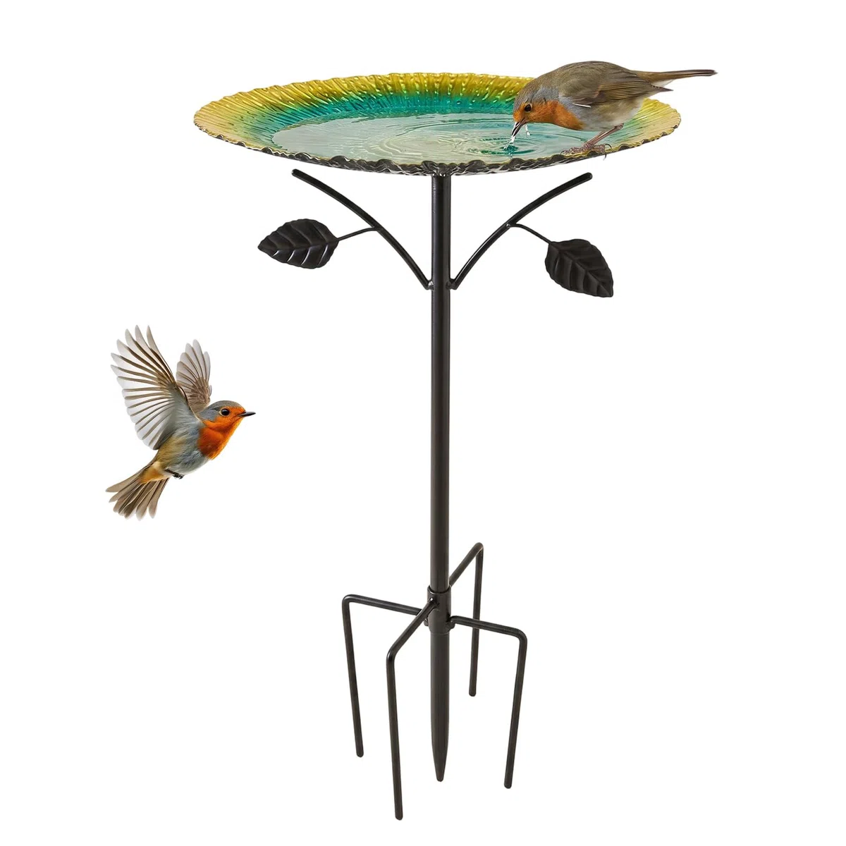 Vetin Vogeltränke Stehend Groß, 83cm Metall Vogelbad mit Blumenstecker, als Futterstelle Trinkschale für Garten Balkon Gartendeko