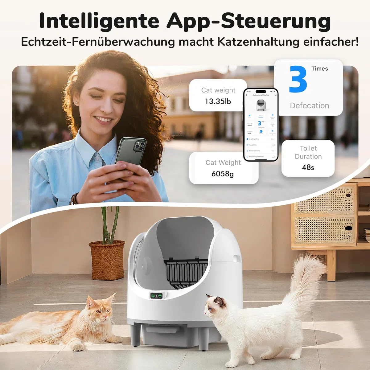 Katzenklo Selbstreinigende Katzentoilette Offene, Automatische Katzentoilette mit App & Sicherheitssensor, Geruchsbeseitigung, Große Fassungsvermögen, Anti Pinch Self Cleaning Cat Litter Box