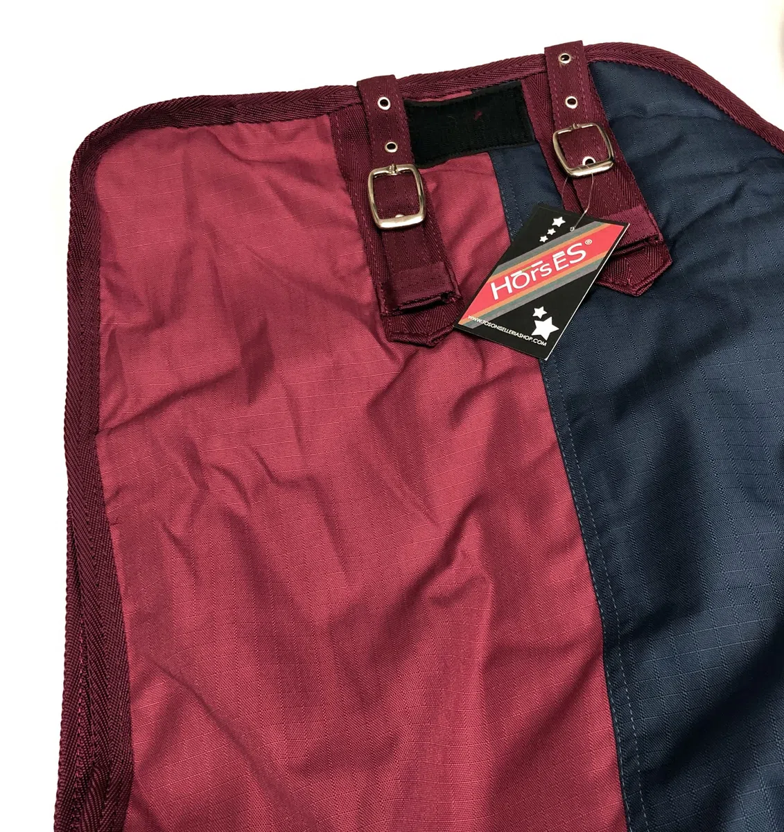 Horses, Turnout Full Neck Pferdedecke 400 g, wasserdicht, mit festem Nackenschutz, strapazierfähig, mit Kreuzriemen, Blau/Bordeaux, 110 cm