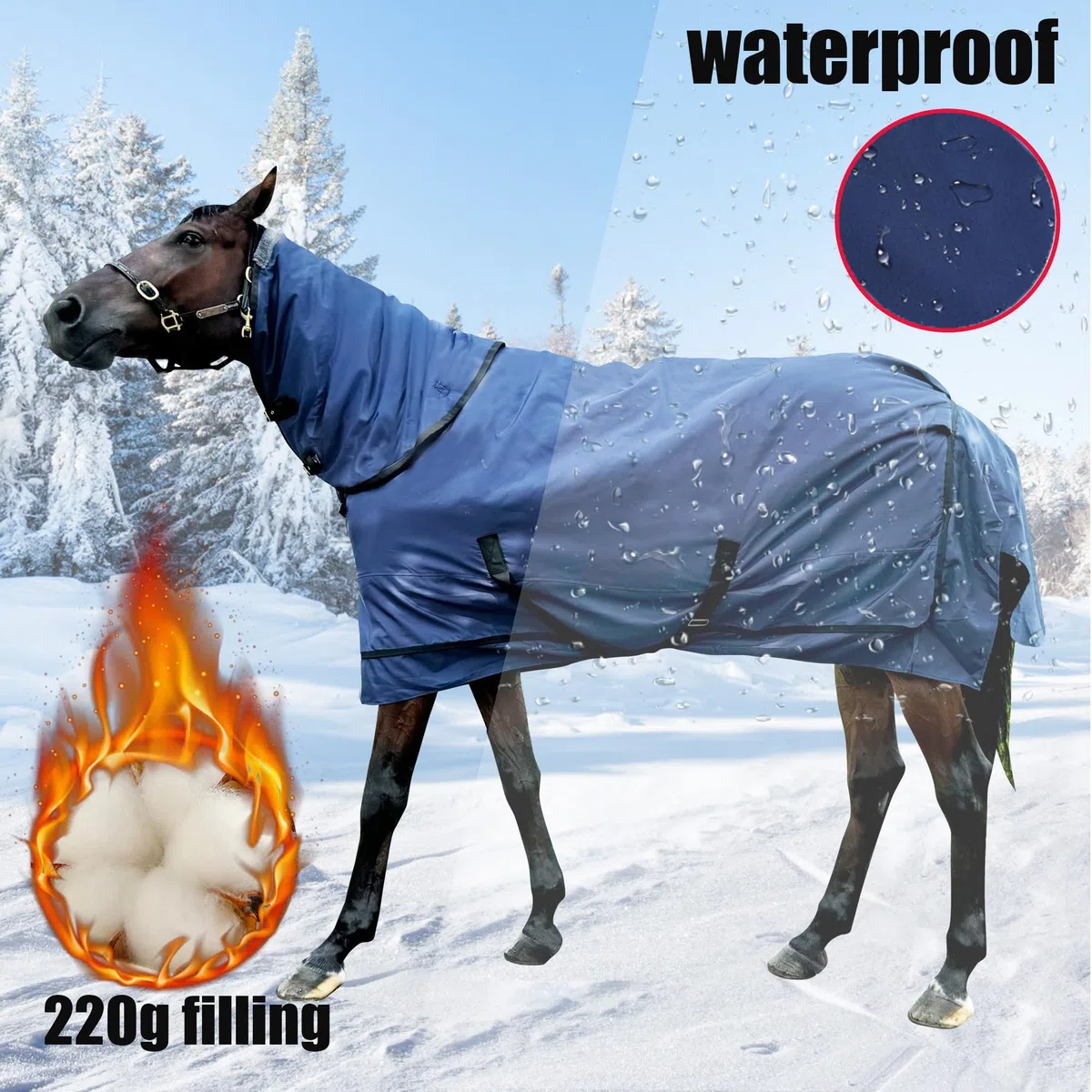 1200 D Pferdedecke, Pferdedecke mit abnehmbarem Halsbezug, 220 g Füllung, dickes Pferdedecke, wasserdicht, schneefest, für Pferde (US 135 cm)