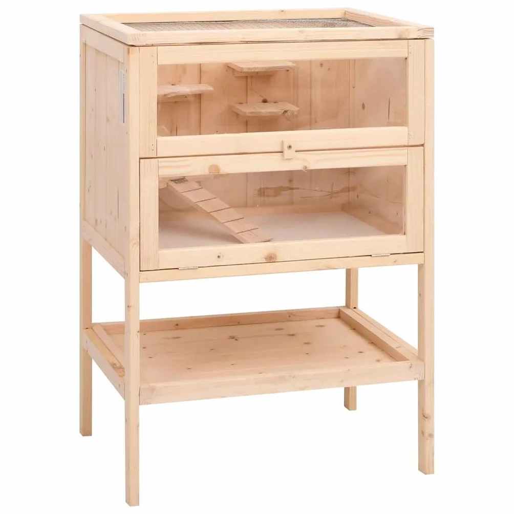 Hamsterkäfig aus Massivholz Tanne mit 2 Ebenen, Acrylfrontscheibe und aufklappbarem Dachgitter, inklusive Zubehör, für Hamster, Rennmäuse und Meerschweinchen