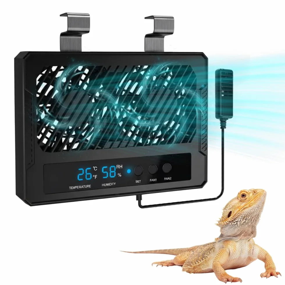 DONGKER Reptilien Lüfter, DC 5V/2A 1,45W Ventilator für Reptiliengehege, Intelligenter Kühlventilator mit Feuchtigkeitssensor und LED-Anzeige für Terrarium, Vivarium, Amphibien, Reptilien, Schlangen