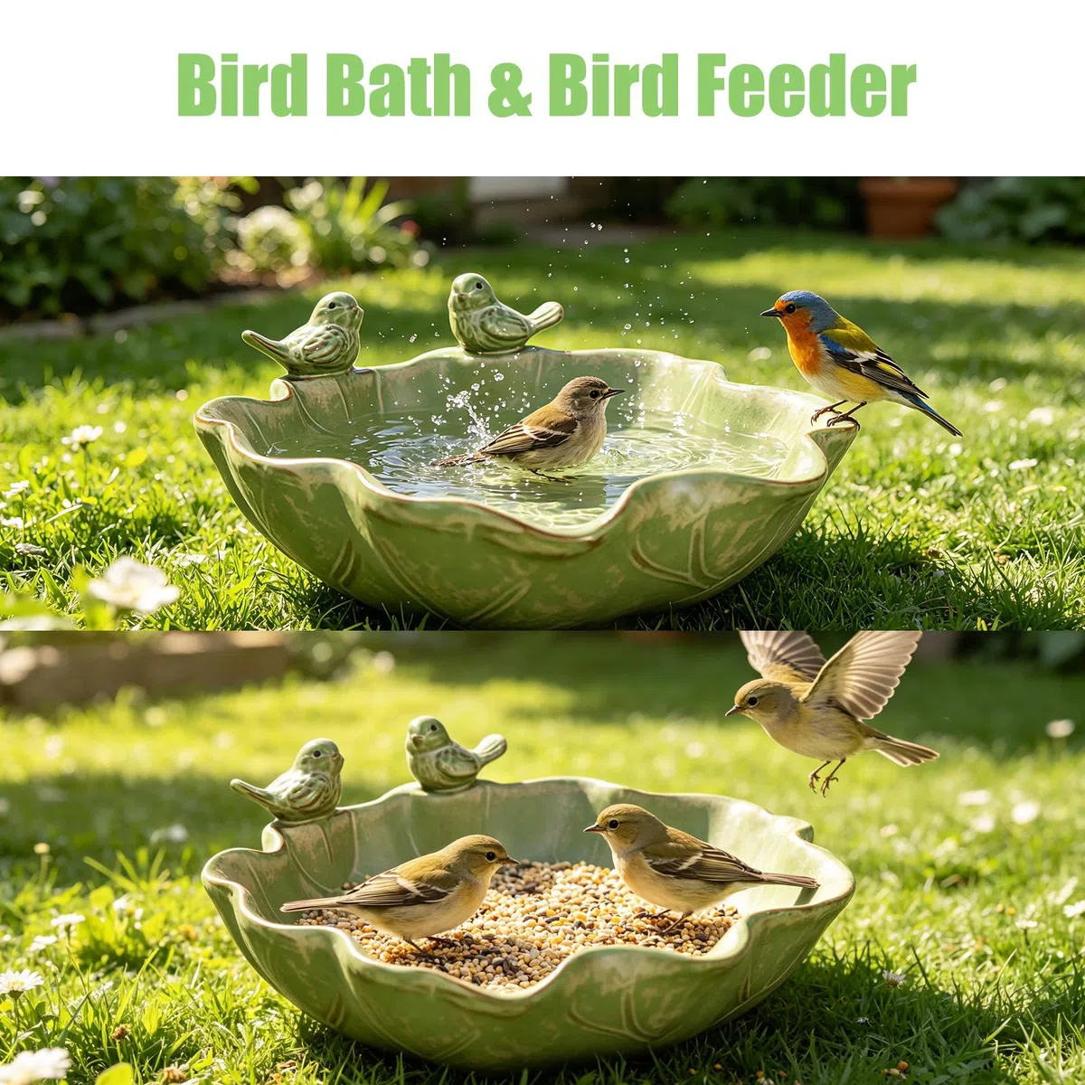 Vogeltränke Winterfest Rund, Vogeltränken mit 2 Deko Vögel, Vogelbad Vogelbecken, Vogeltränke Balkon, Vogelbrunnen, Vogelbad für den Garten für Outdoors Terrasse Balkon und Rasen