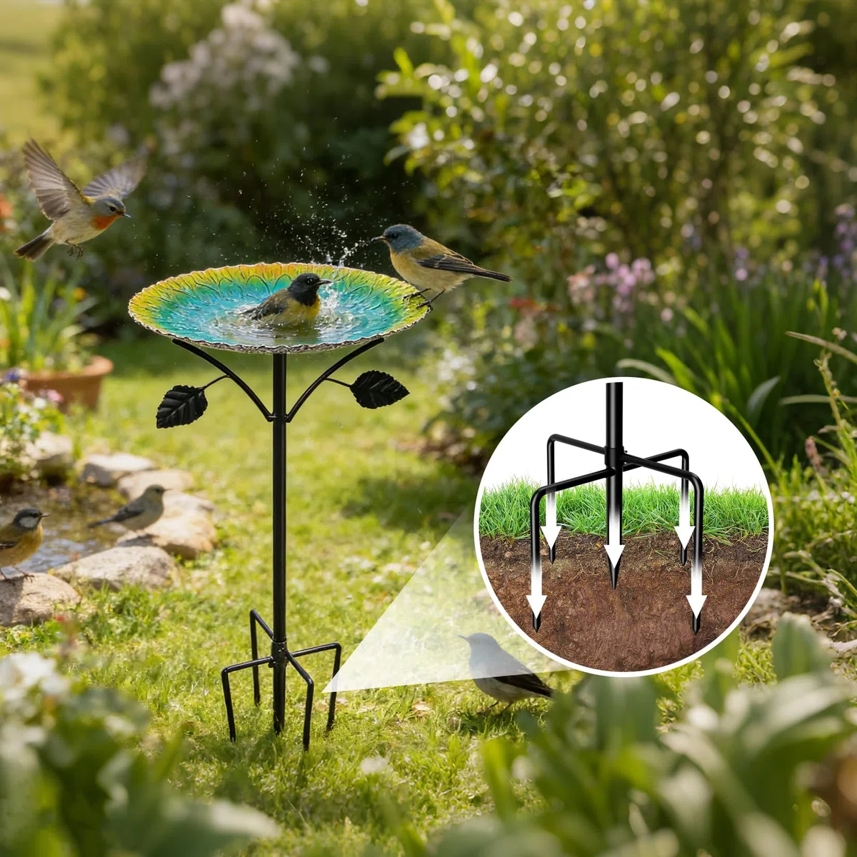 Vogeltränke Stehend, 24.5 * 83cm Vogelbad Garten Stehend Gelb-Türkis Verlauf, Vogeltränke mit Erdspieß (Grün)