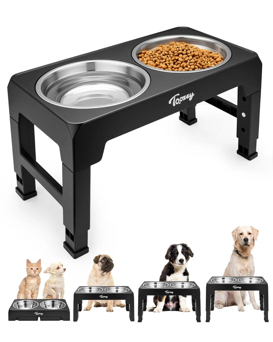 Toozey Hundenapf, Futternapf für Hunde, Höhenverstellbar, mit 2 Edelstahl-Schüsseln von 1200 ml, Hundenapf Erhöht für Mittelgroße und Große Hunde, 4 Höhenverstellbare Fütterung, Schwarz