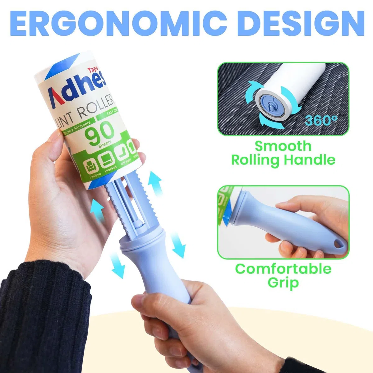 ADHES Fusselrolle 5 Rollen (je 90 Blatt),2 Griffe, Tierhaare Extra Klebrige, Lint Roller für Kleidung, Fusselrolle Tierhaare, Haare, Sofa, Bett, Katzenhaare, Hundehaare
