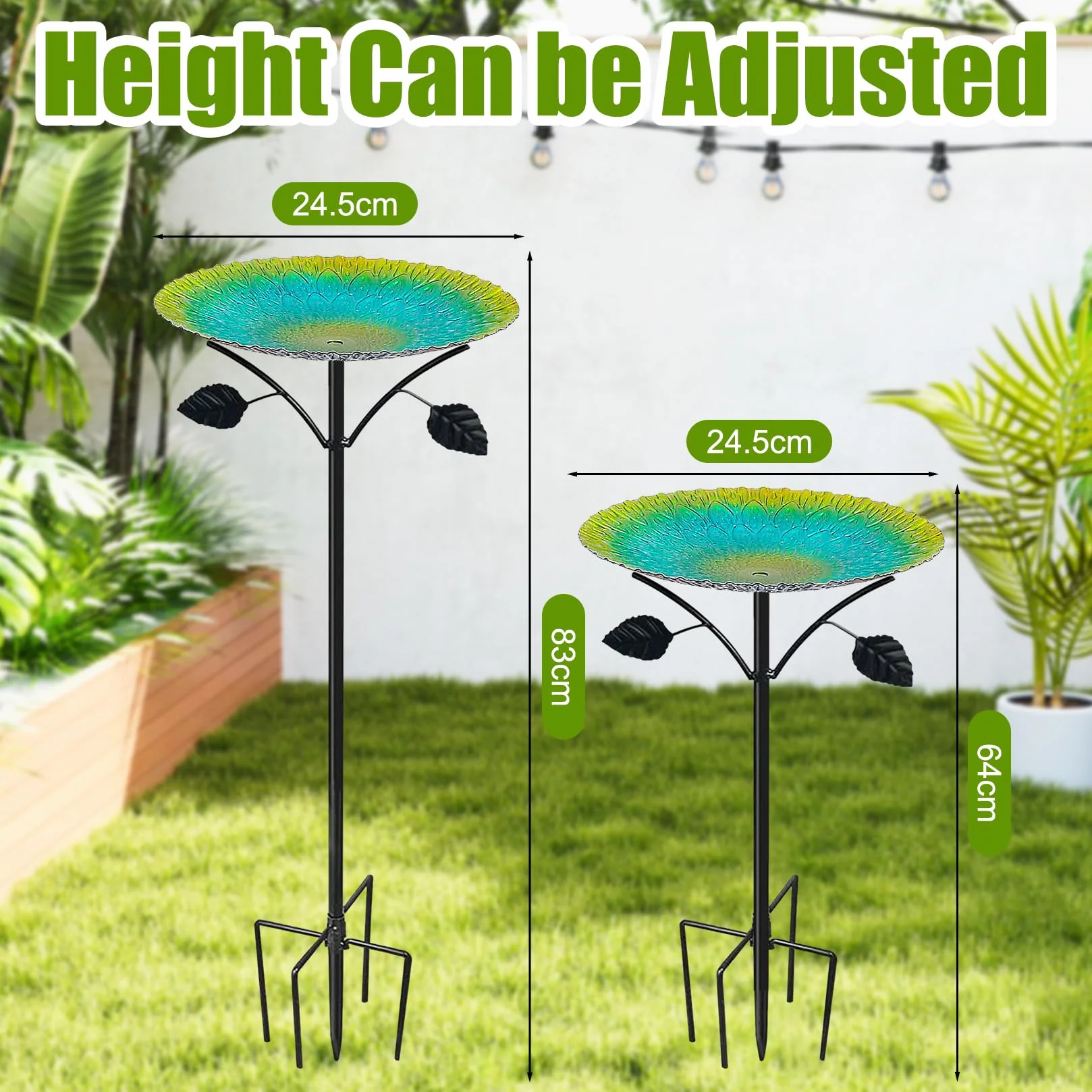 Vogeltränke Stehend, 24.5 * 83cm Vogelbad Garten Stehend Gelb-Türkis Verlauf, Vogeltränke mit Erdspieß (Grün)