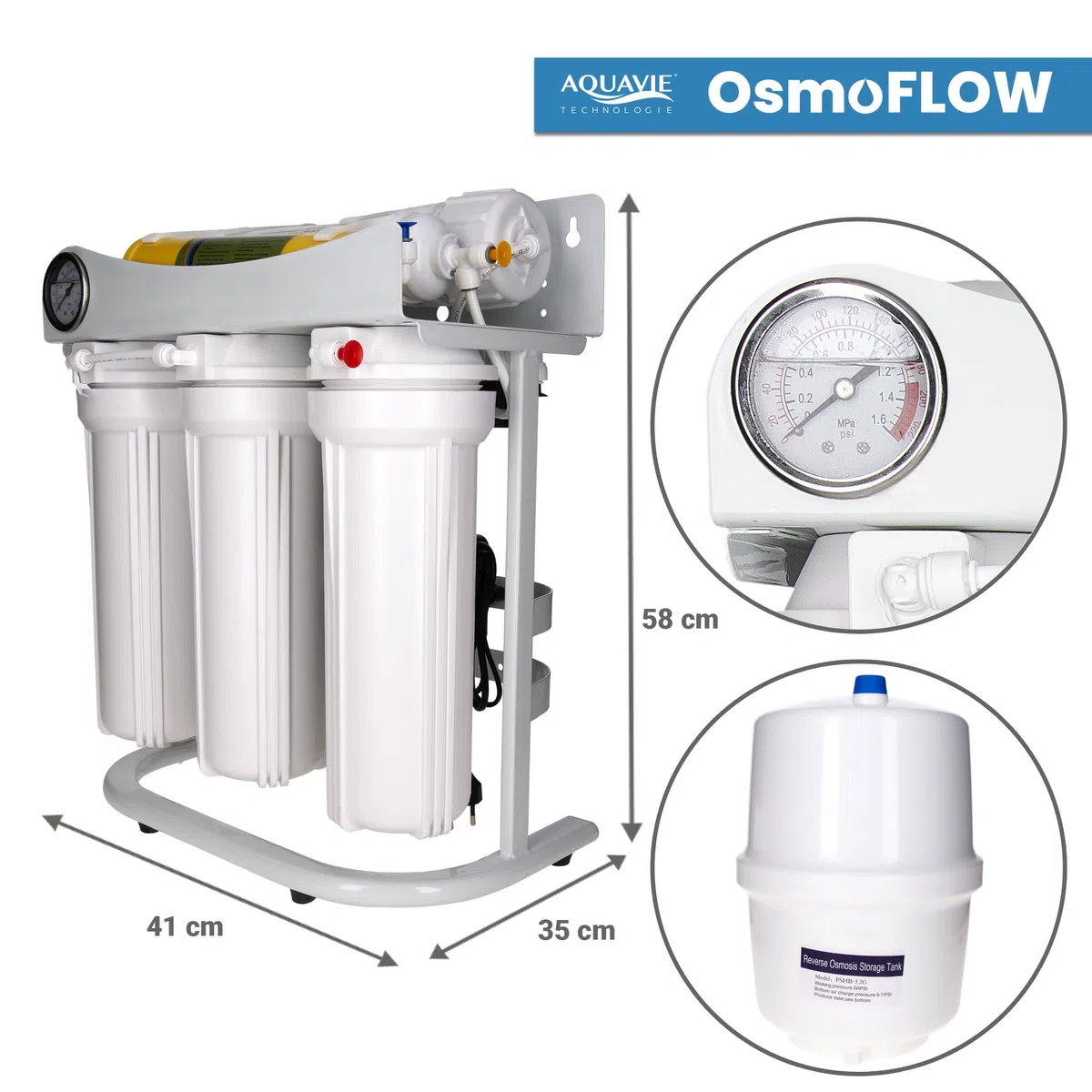 OsmoFLOW auf Standfuß – Wasserreinigungssystem unter der Spüle durch Umkehrosmose mit Tank – bis zu 370 l/Tag