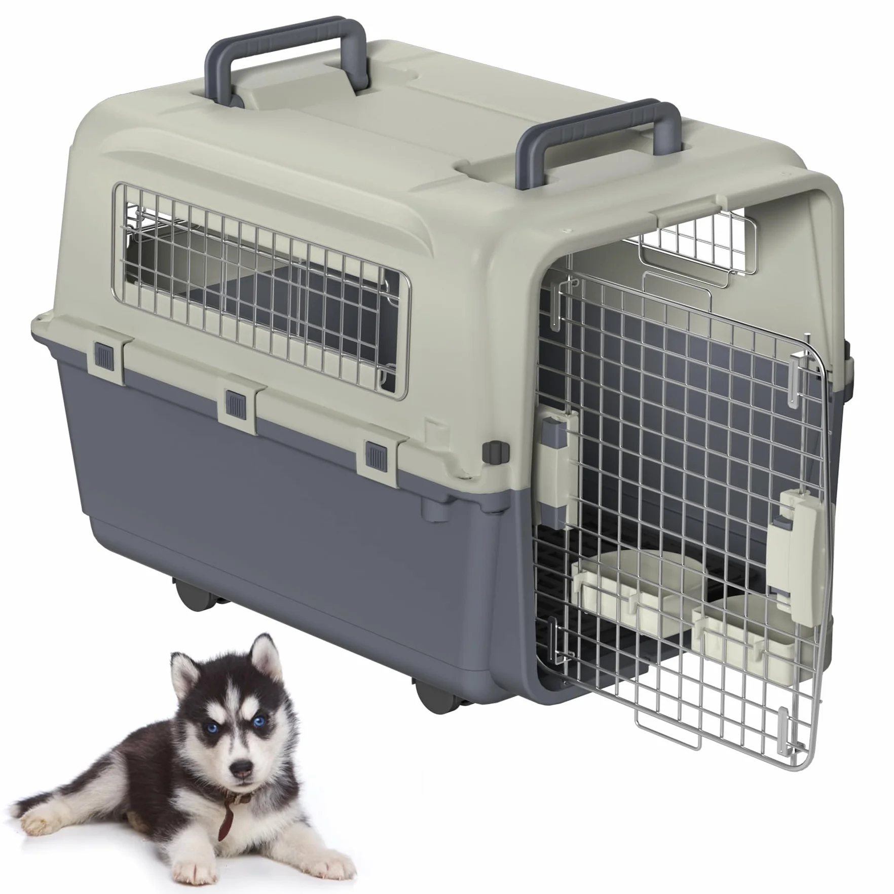 Froadp Transportbox für Haustiere Hund Katze Hundebox aus PP Kunststoff 67x51x58.5cm Katzentransportbox Hundetransportbox mit Rädern & Urinabstandshalter & Hängende Fressnäpfe Katzenbox
