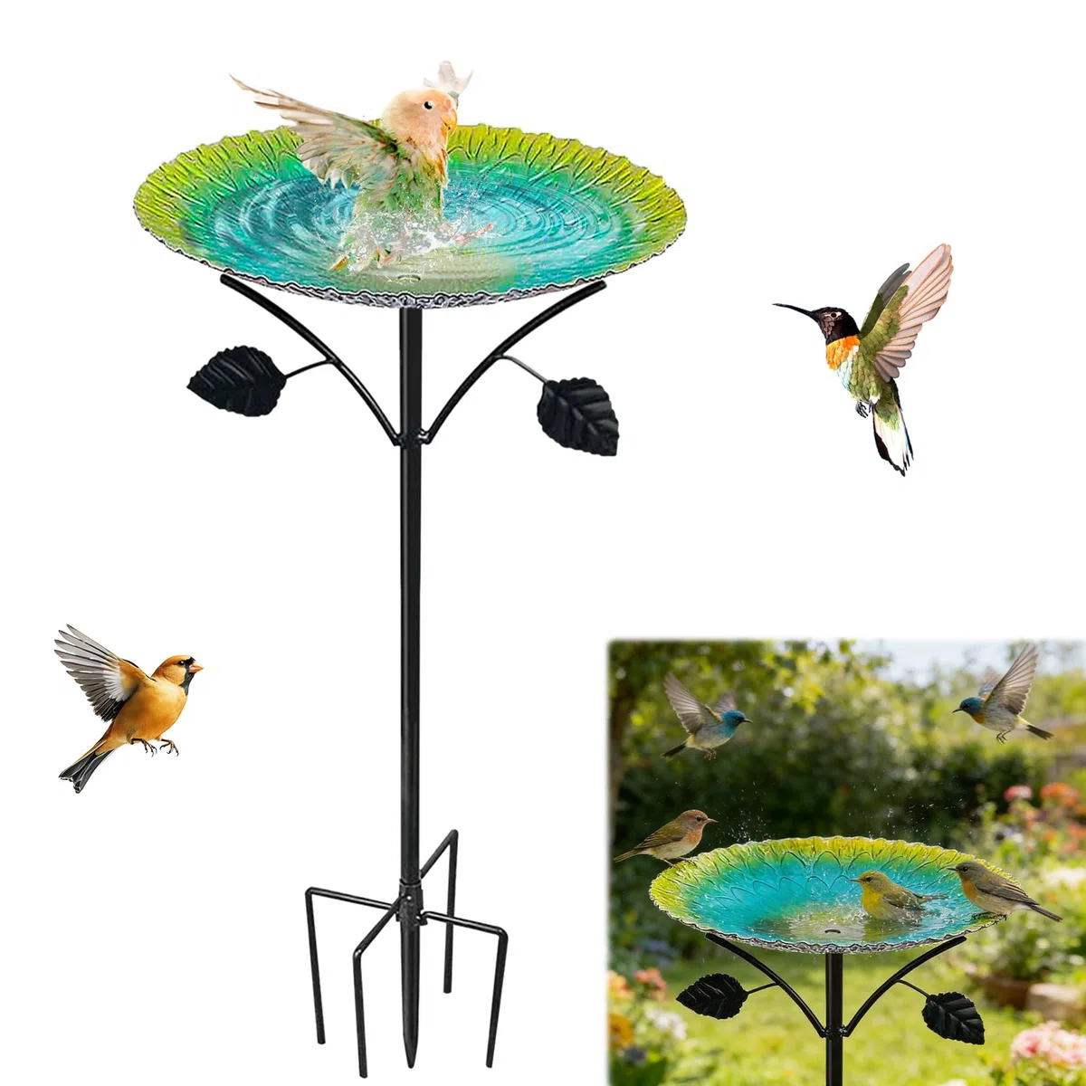 Vogeltränke Stehend, 24.5 * 83cm Vogelbad Garten Stehend Gelb-Türkis Verlauf, Vogeltränke mit Erdspieß (Grün)