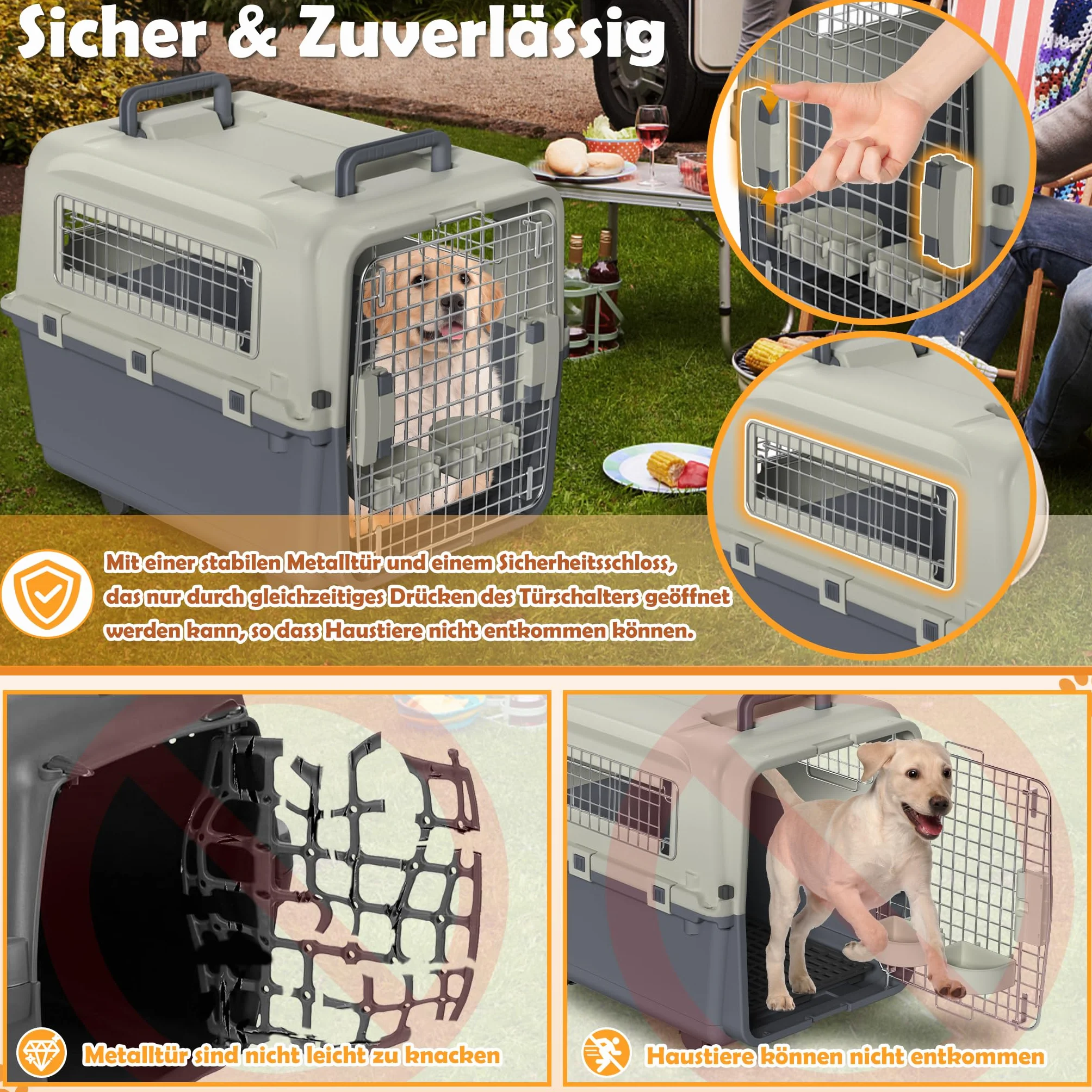 Froadp Transportbox für Haustiere Hund Katze Hundebox aus PP Kunststoff 67x51x58.5cm Katzentransportbox Hundetransportbox mit Rädern & Urinabstandshalter & Hängende Fressnäpfe Katzenbox