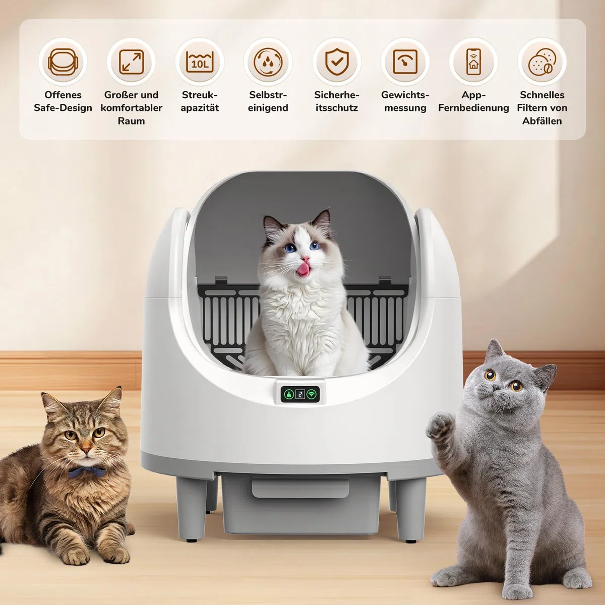 Katzenklo Selbstreinigende Katzentoilette Offene, Automatische Katzentoilette mit App & Sicherheitssensor, Geruchsbeseitigung, Große Fassungsvermögen, Anti Pinch Self Cleaning Cat Litter Box