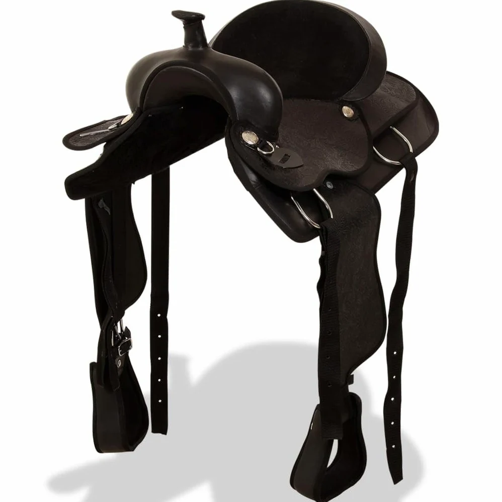 Western-Sattel Echtleder 16 Zoll Schwarz mit Halfter Brustblatt, Leder Reitsattel für Pferd und Reiter, strapazierfähig komfortabel ideal für Freizeit Wanderreiten Turnier
