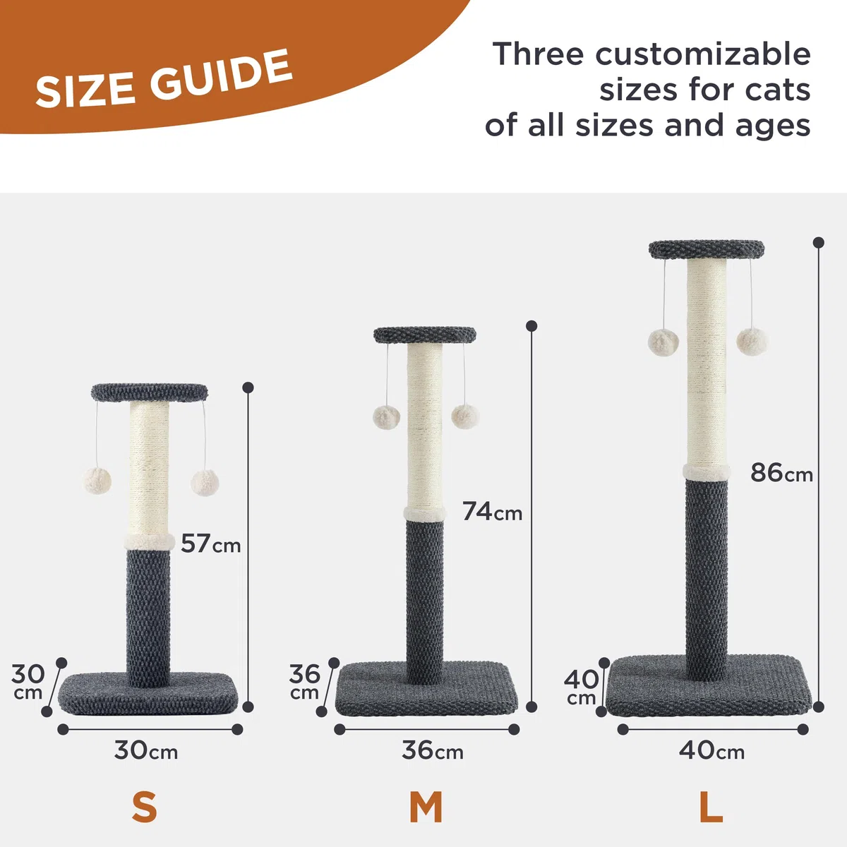 Lesure Indoor Kratzstamm groß Katzen – 86 cm Kratzsäule für Katzen mit Plattform aus strapazierfähiger Teppichstoff, Kratzbaum Grosse stabil mit Sisal und hängendem Ball, dunkelgrau