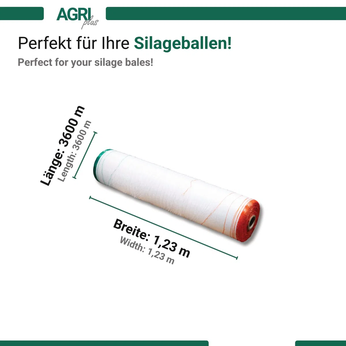 AGRIplus Wickelnetz für Rundballen | 1,23 m x 3600 m | UV-beständig und reißfest | Brennholznetz | Rundballennetz | Heunetz | Pressennetz