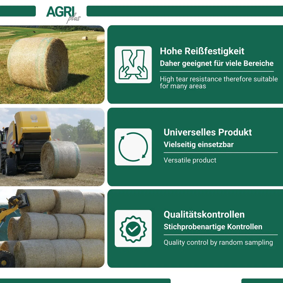 AGRIplus Wickelnetz für Rundballen | 1,23 m x 3600 m | UV-beständig und reißfest | Brennholznetz | Rundballennetz | Heunetz | Pressennetz