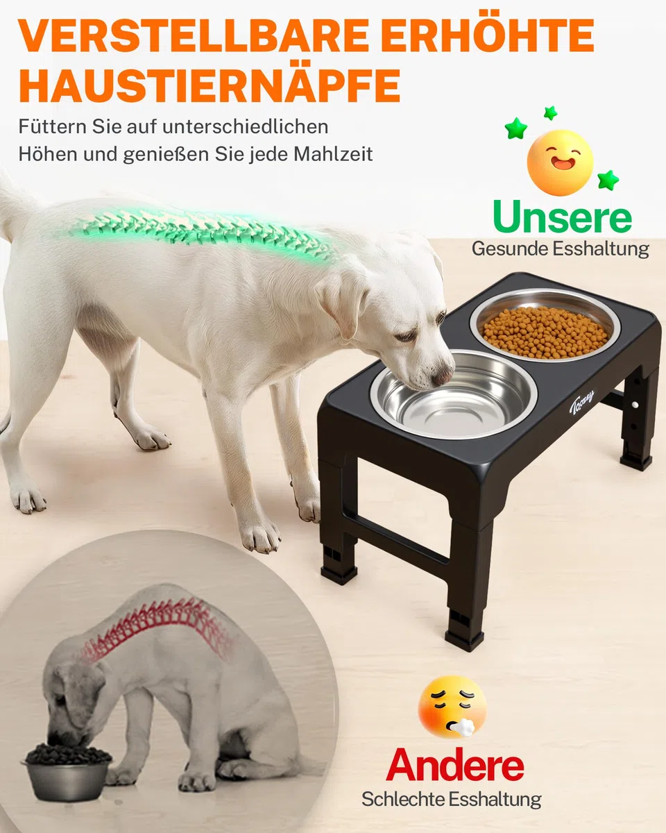 Toozey Hundenapf, Futternapf für Hunde, Höhenverstellbar, mit 2 Edelstahl-Schüsseln von 1200 ml, Hundenapf Erhöht für Mittelgroße und Große Hunde, 4 Höhenverstellbare Fütterung, Schwarz