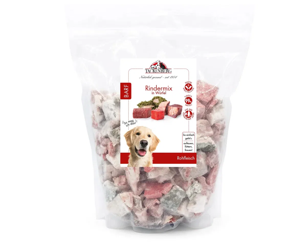 TACKENBERG 20 x 1000 g (20 kg) Barf Rindermix, gewürfelt – Frostfleisch für Hund