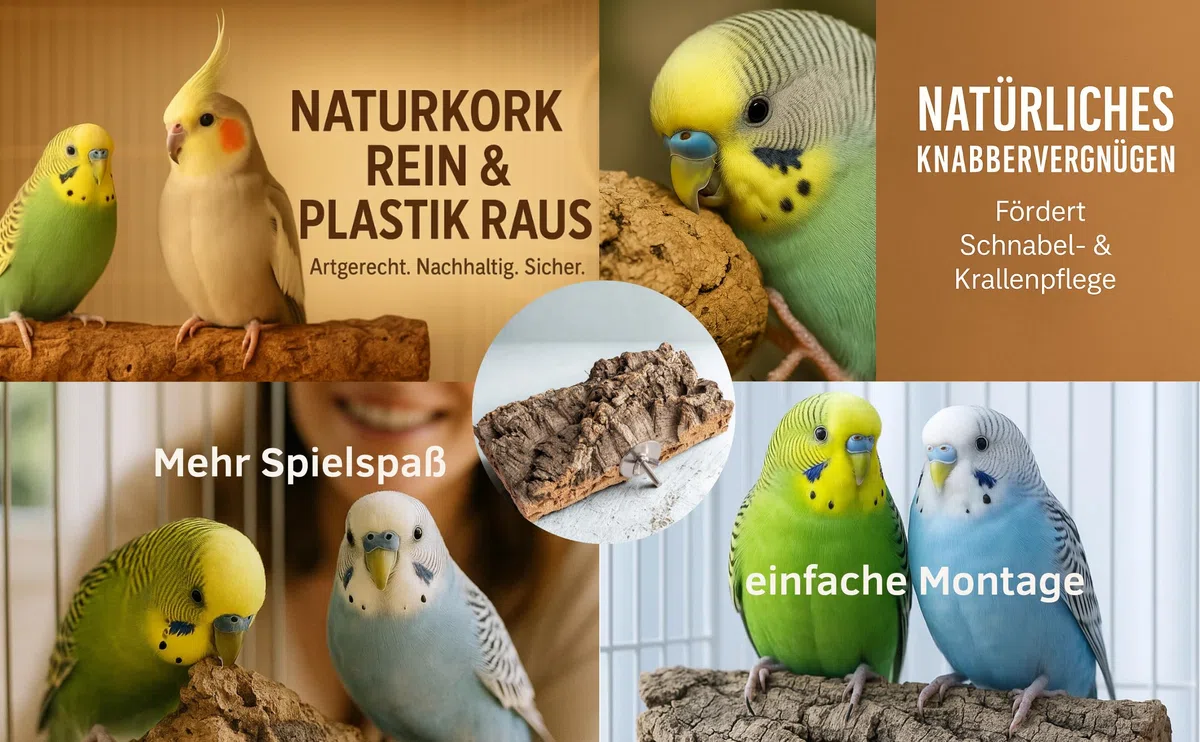 2 STÜCK 20x10cm Korksitzbrett Wellensittich Zubehör - Spielzeug - Zubehör im Vogelkäfig fördert Krallen & Schnabelpflege mit Befestigung ohne Werkzeug. Vogelspielzeug aus Kork