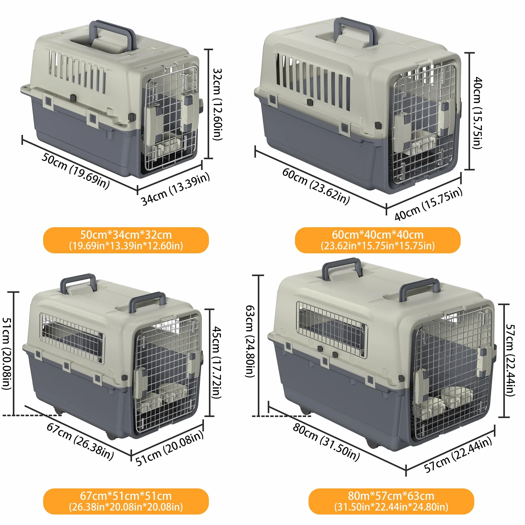 Froadp Transportbox für Haustiere Hund Katze Hundebox aus PP Kunststoff 67x51x58.5cm Katzentransportbox Hundetransportbox mit Rädern & Urinabstandshalter & Hängende Fressnäpfe Katzenbox