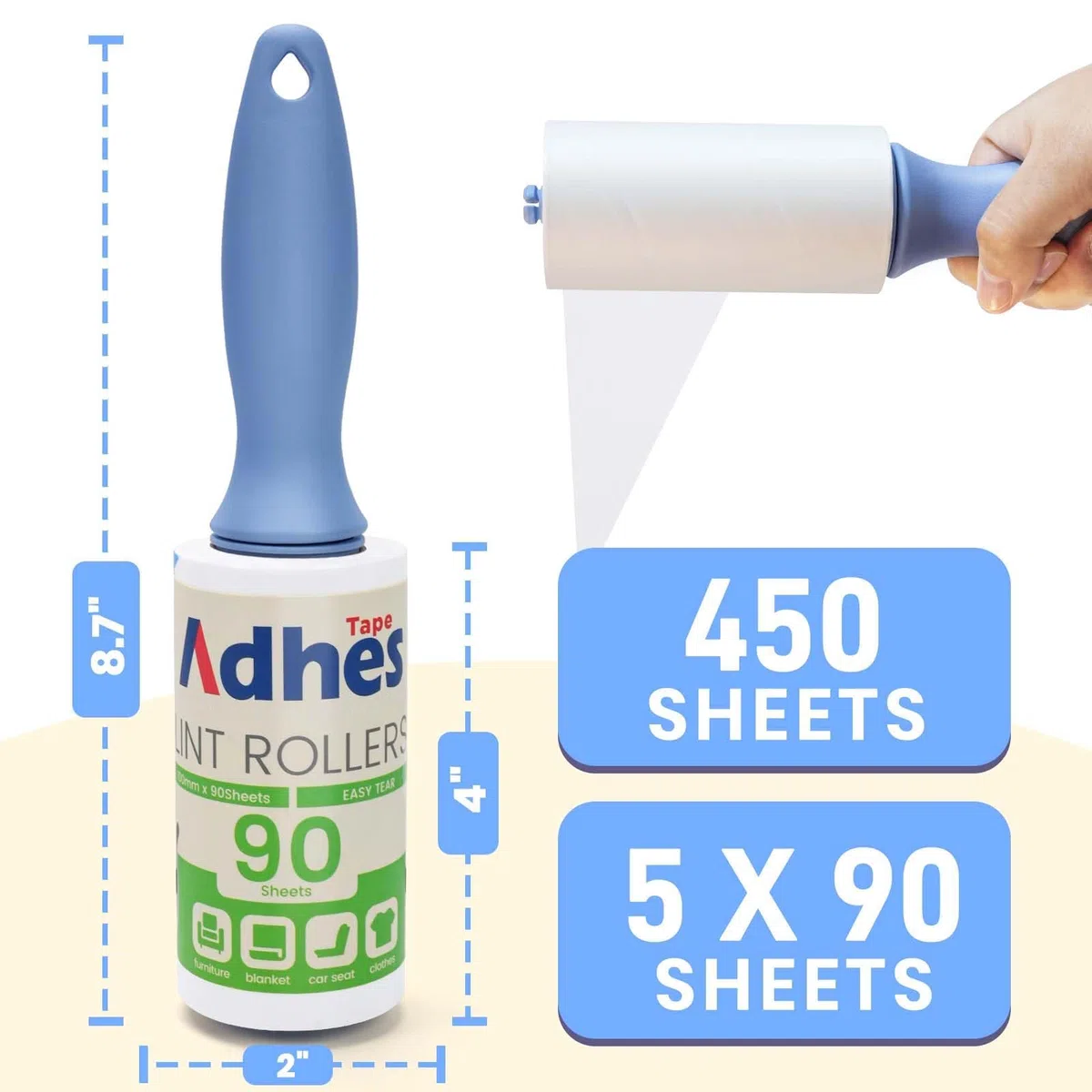 ADHES Fusselrolle 5 Rollen (je 90 Blatt),2 Griffe, Tierhaare Extra Klebrige, Lint Roller für Kleidung, Fusselrolle Tierhaare, Haare, Sofa, Bett, Katzenhaare, Hundehaare