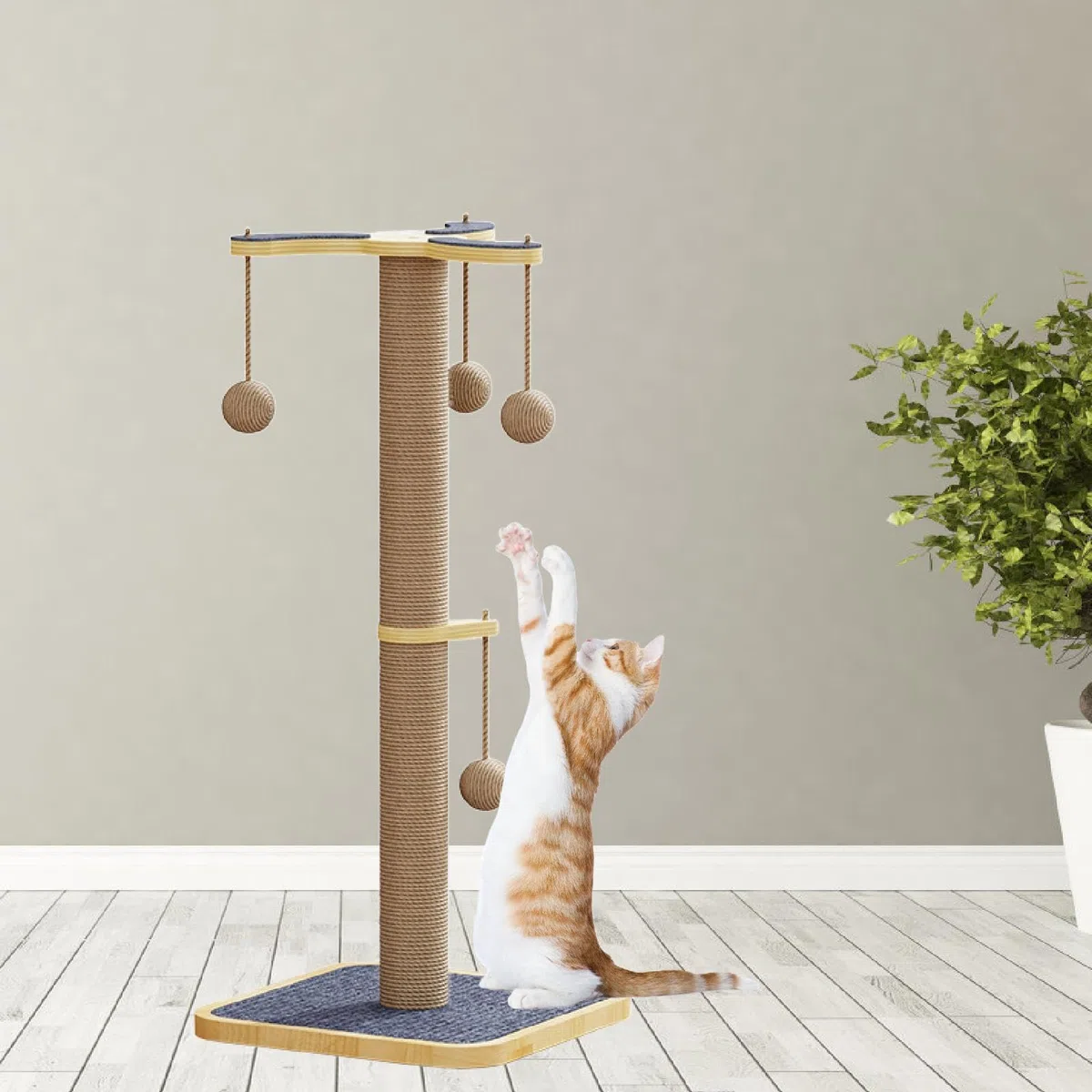 predolo Kratzbaum Katzen Kratzsäule Sisal Kletterbaum Kratzspielzeug mit Interaktivem Ball Zum Spielen Und Klettern aus Holz Und Filz für Hauskatzen