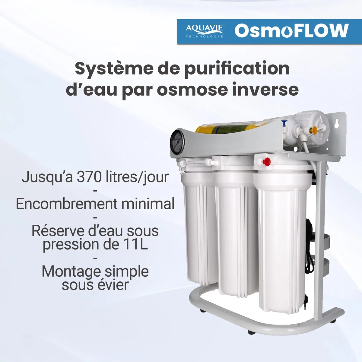 OsmoFLOW auf Standfuß – Wasserreinigungssystem unter der Spüle durch Umkehrosmose mit Tank – bis zu 370 l/Tag