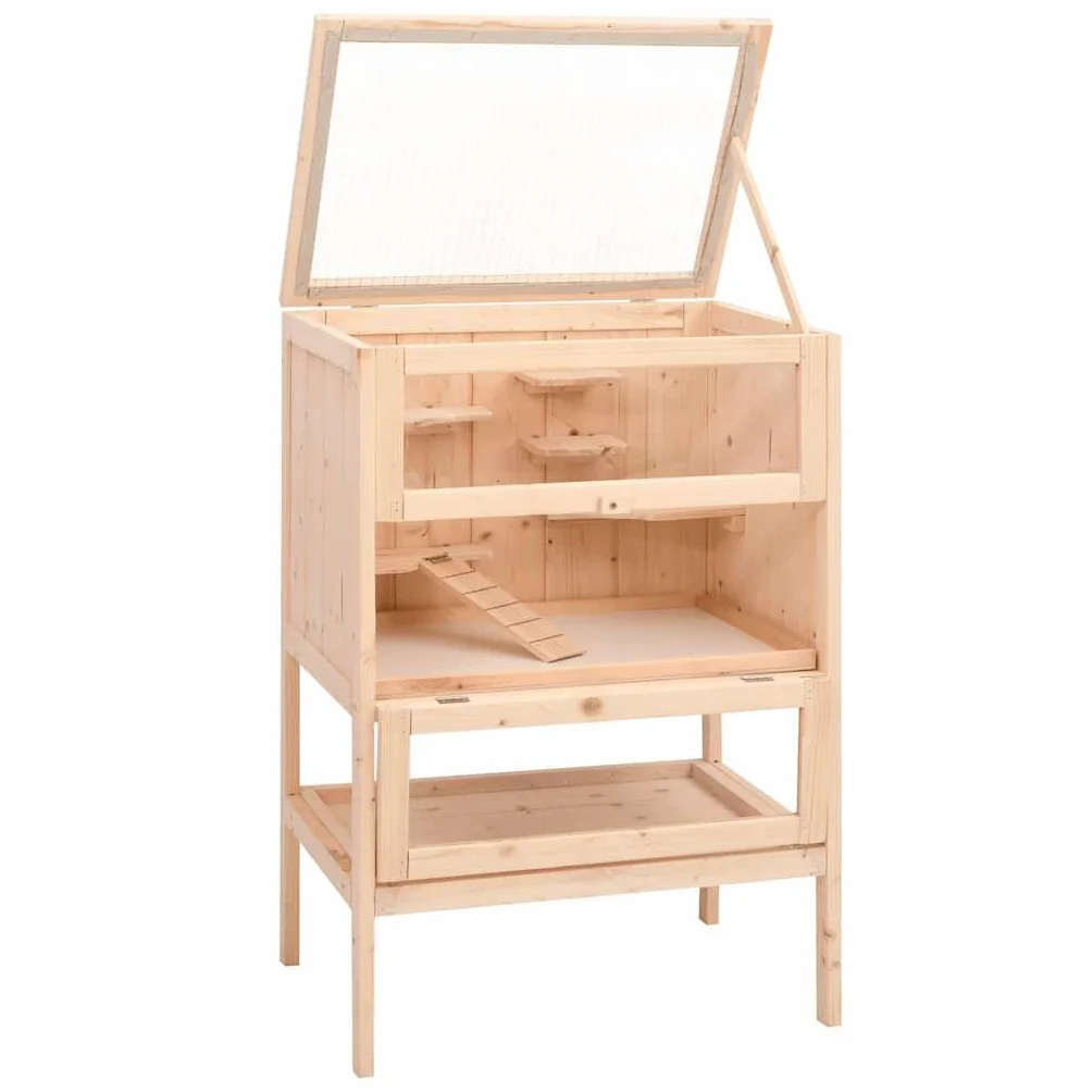 Hamsterkäfig aus Massivholz Tanne mit 2 Ebenen, Acrylfrontscheibe und aufklappbarem Dachgitter, inklusive Zubehör, für Hamster, Rennmäuse und Meerschweinchen