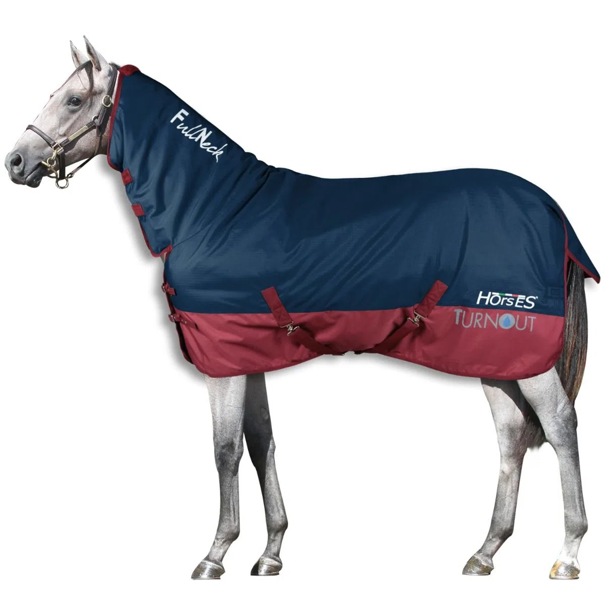 Horses, Turnout Full Neck Pferdedecke 400 g, wasserdicht, mit festem Nackenschutz, strapazierfähig, mit Kreuzriemen, Blau/Bordeaux, 110 cm