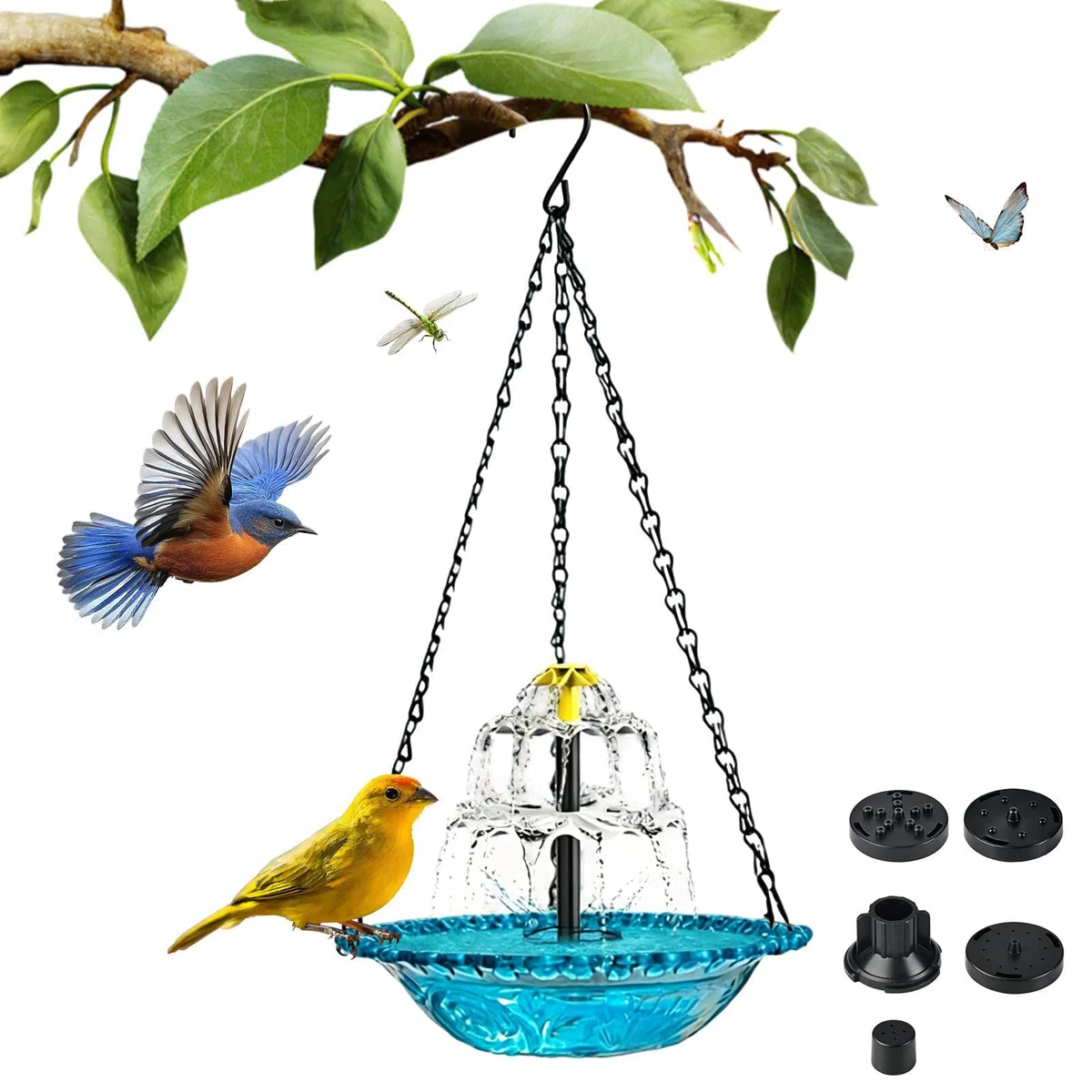 Vogeltränke Hängend mit Springbrunnen Solar,Wassertränke für vögel,3 Stufig Vogeltränke Garten mit Fließendem Wasser,Vogelbad Garten Solarbetriebenes mit Metallketten für Garten Hof Terrasse