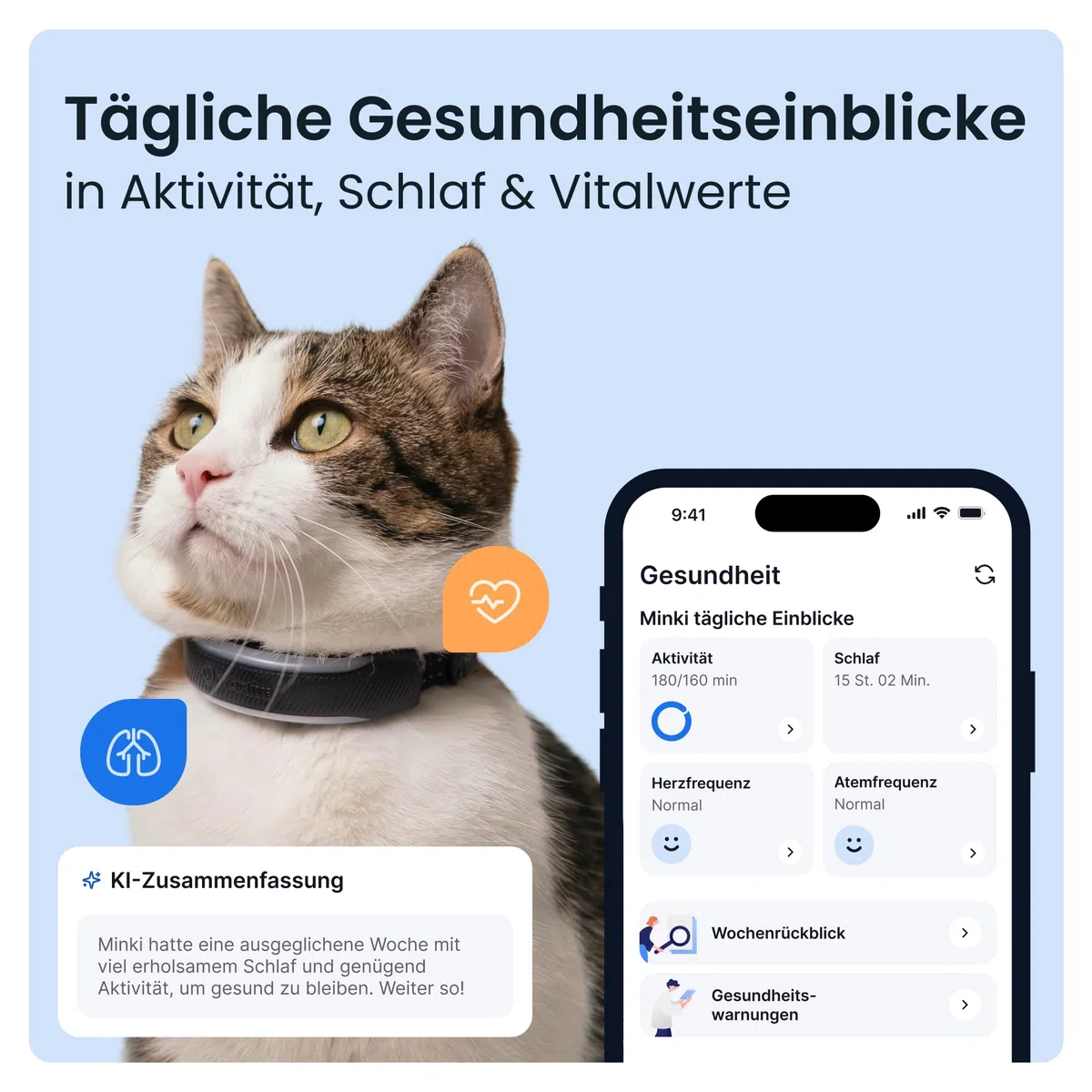 Tractive Smarter Katzen GPS Tracker Mini | Modell 2026 | Marktführer | Live-Ortung | Gesundheitswarnungen & Vitalwerte | Sicherheitsverschluss | Integriertes Halsband (Schwarz)