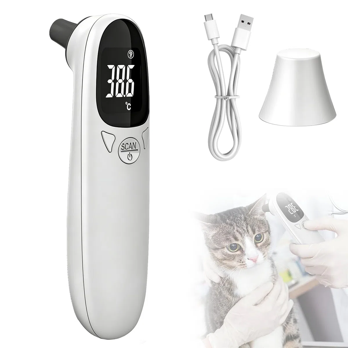 Fieberthermometer Hund mit LED Anzeige, Ohrthermometer Hund Hundeohr Temperaturmonitor Tierthermometer, USB Aufladbar Tragbares Digital Haustier Ohr Thermometer für Hunde und Katzen Kühe Ferd Tiere