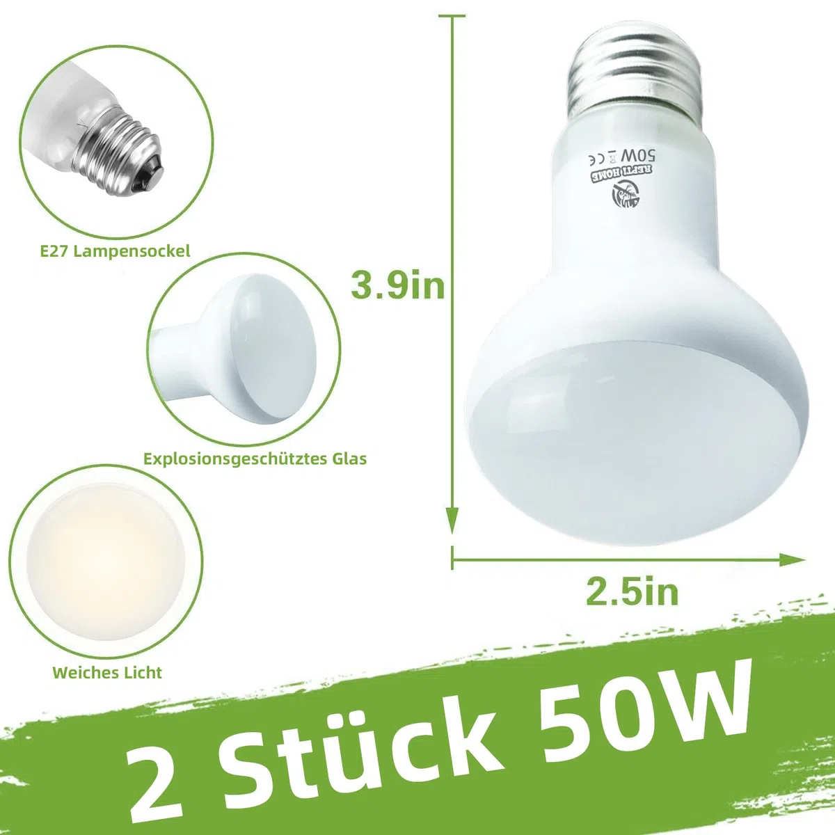 Reptilien Wärmelampe Terrarium 50W 2stück, E27 Intense Basking Spot Lampe Terrarium, Wärmelampe tiere Heizung für Schildkröten, Bartagame, Schlange, Huhn, Hund