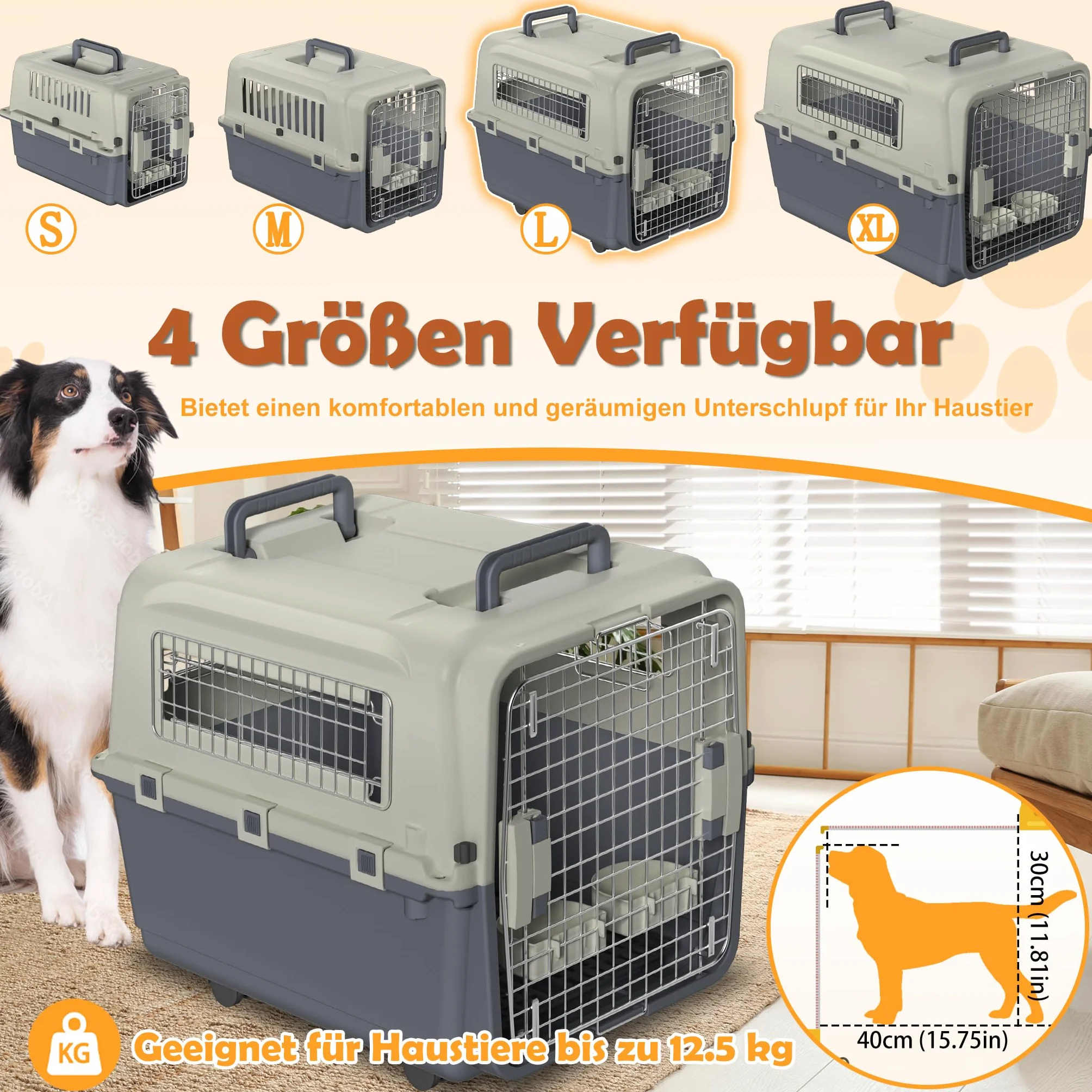 Froadp Transportbox für Haustiere Hund Katze Hundebox aus PP Kunststoff 67x51x58.5cm Katzentransportbox Hundetransportbox mit Rädern & Urinabstandshalter & Hängende Fressnäpfe Katzenbox