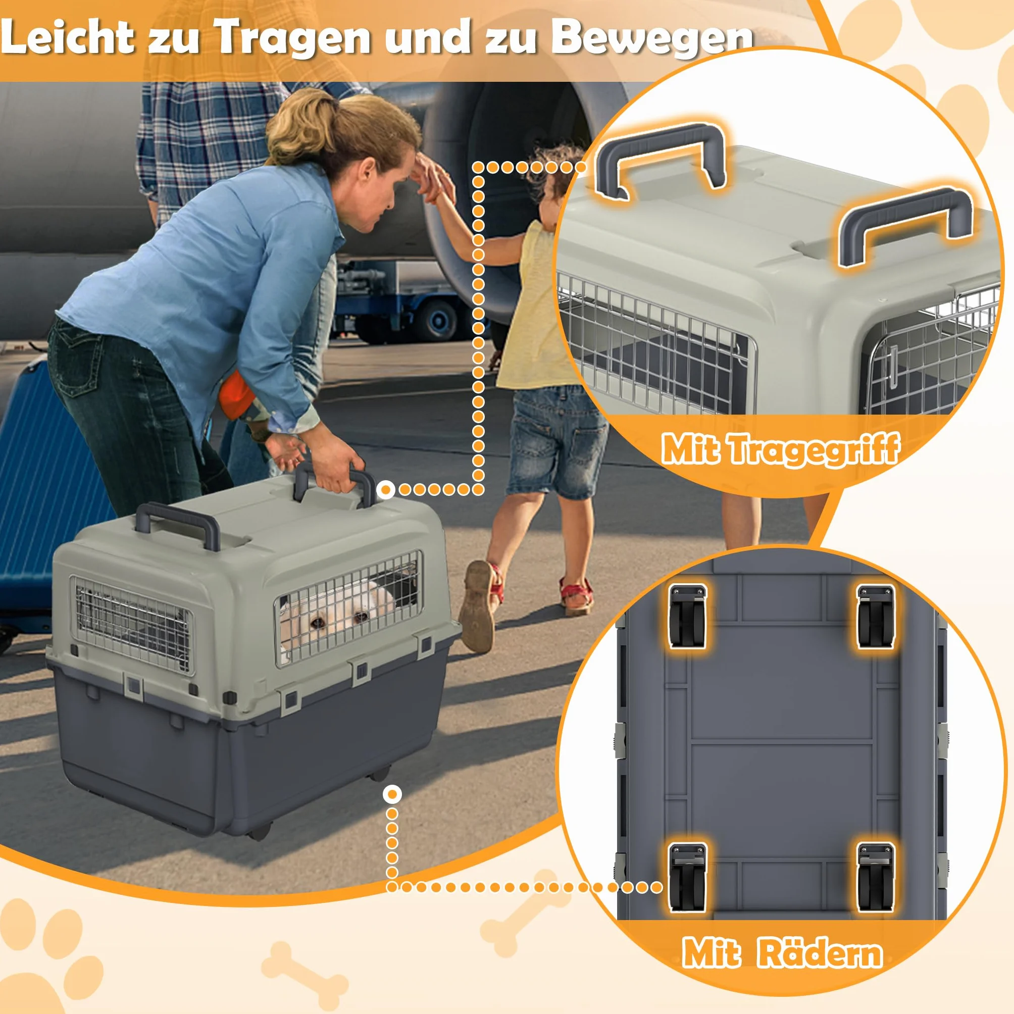 Froadp Transportbox für Haustiere Hund Katze Hundebox aus PP Kunststoff 67x51x58.5cm Katzentransportbox Hundetransportbox mit Rädern & Urinabstandshalter & Hängende Fressnäpfe Katzenbox