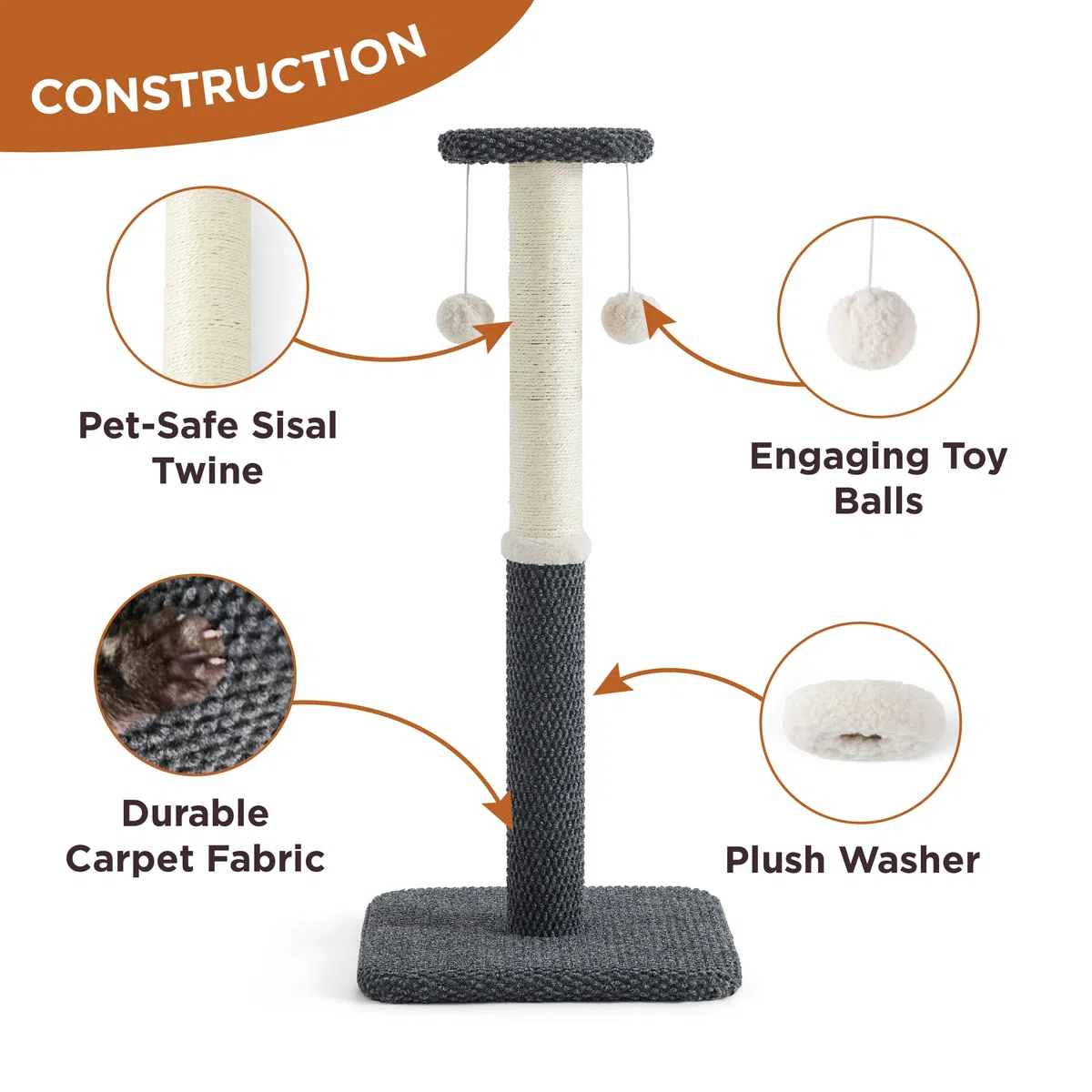 Lesure Indoor Kratzstamm groß Katzen – 86 cm Kratzsäule für Katzen mit Plattform aus strapazierfähiger Teppichstoff, Kratzbaum Grosse stabil mit Sisal und hängendem Ball, dunkelgrau