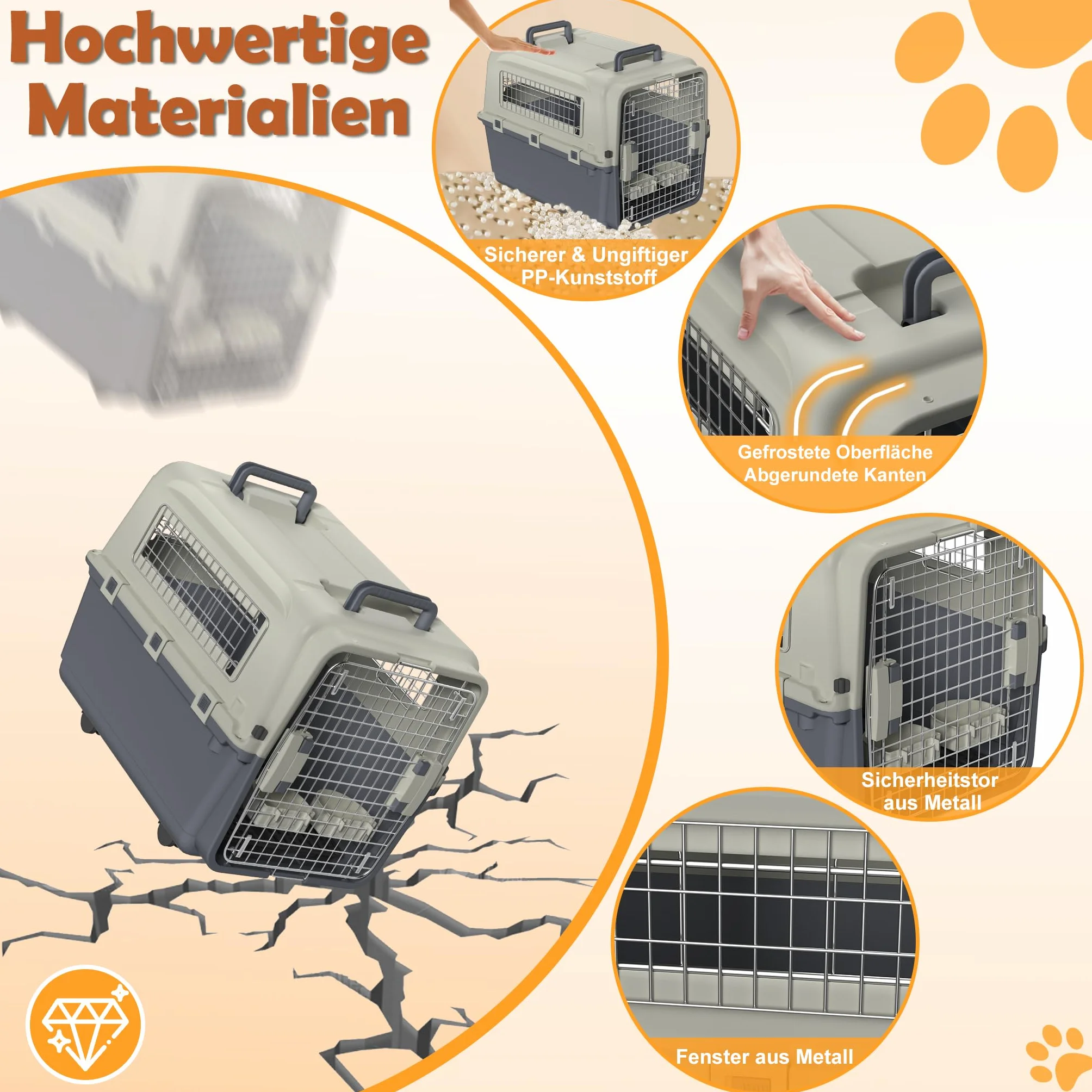 Froadp Transportbox für Haustiere Hund Katze Hundebox aus PP Kunststoff 67x51x58.5cm Katzentransportbox Hundetransportbox mit Rädern & Urinabstandshalter & Hängende Fressnäpfe Katzenbox